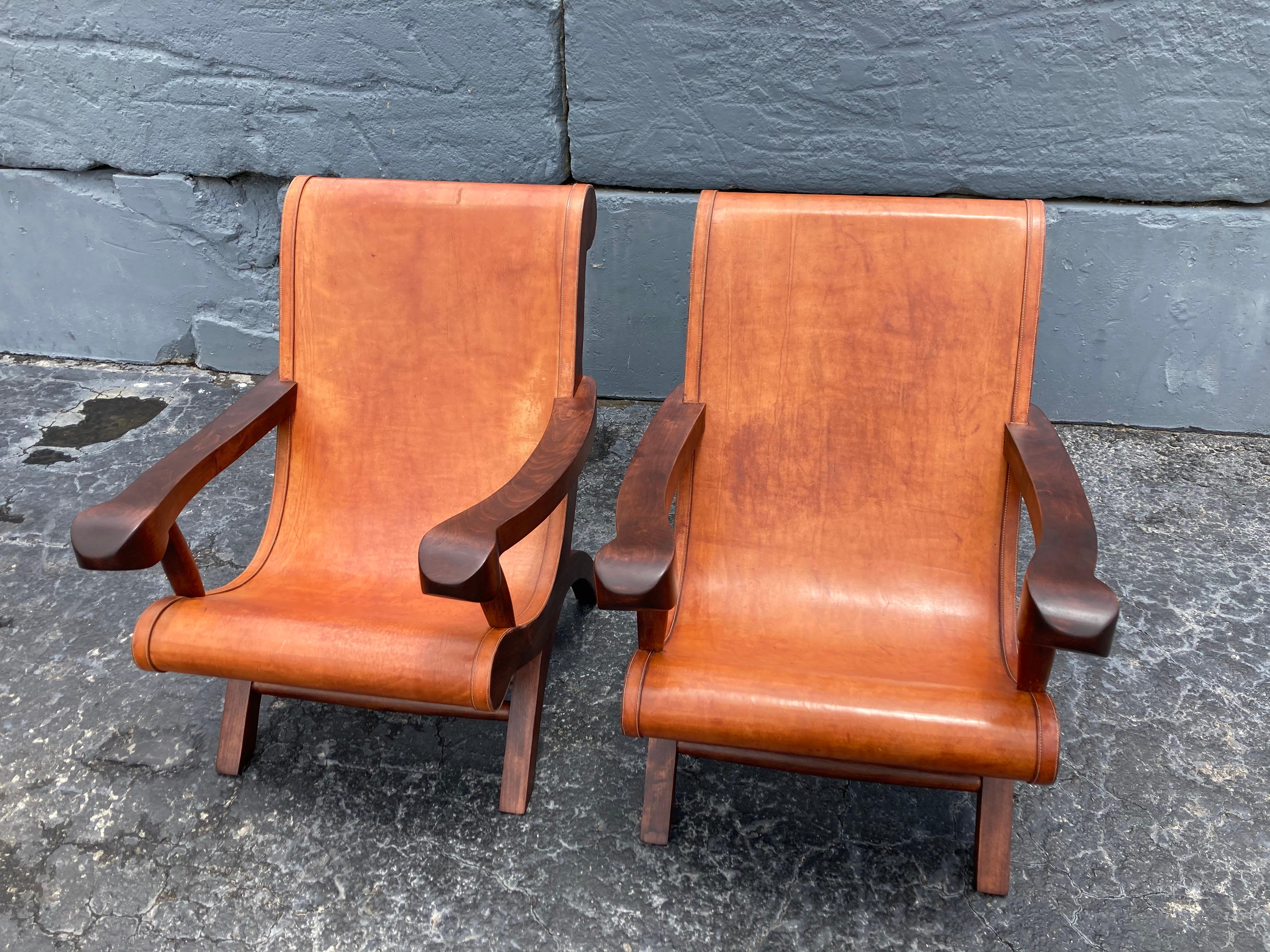 American Pair of Butaque Lounge Chairs in the Style of Clara Porset, Saddle Leather