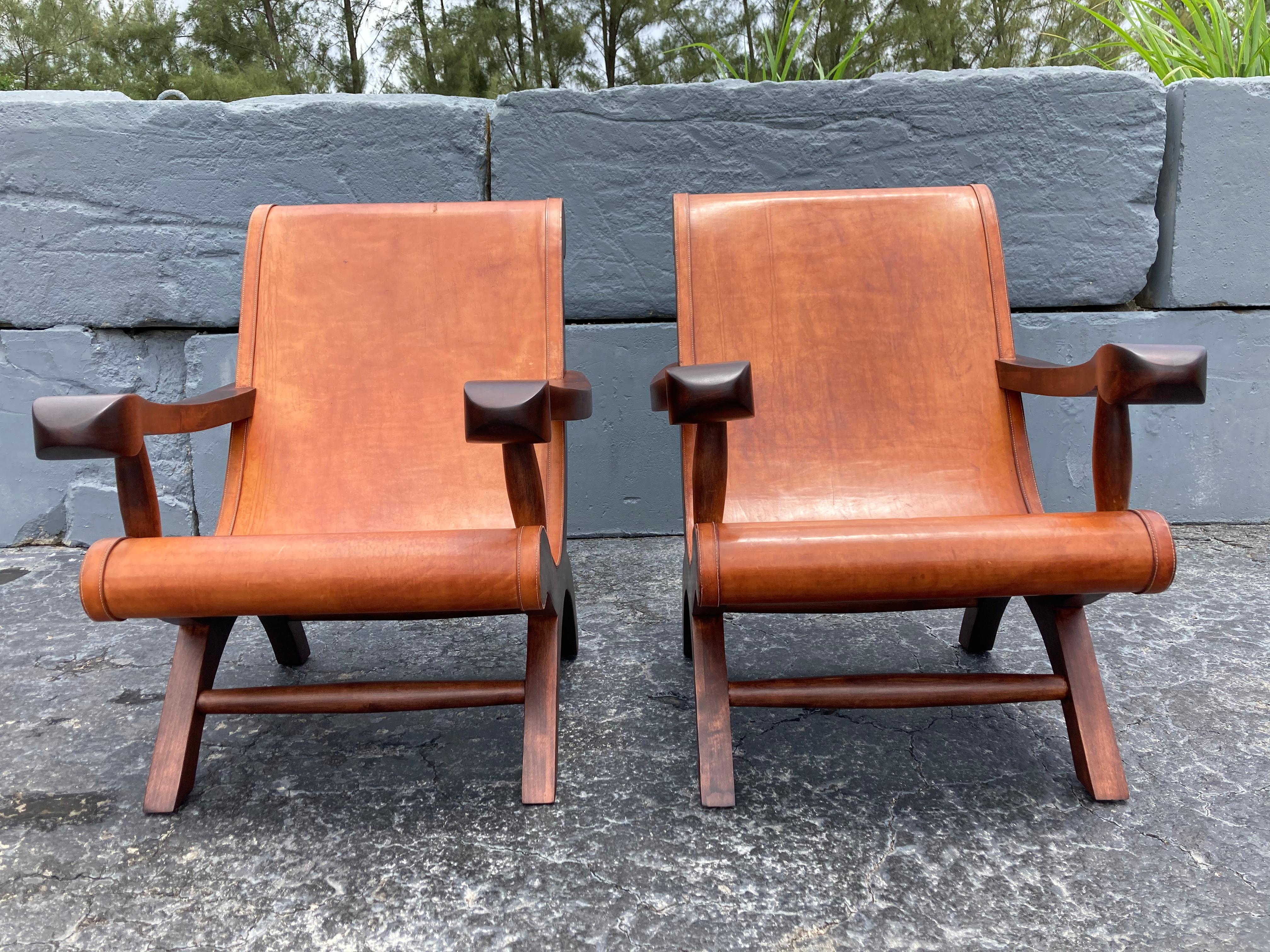 Pair of Butaque Lounge Chairs in the Style of Clara Porset, Saddle Leather In Good Condition In Miami, FL