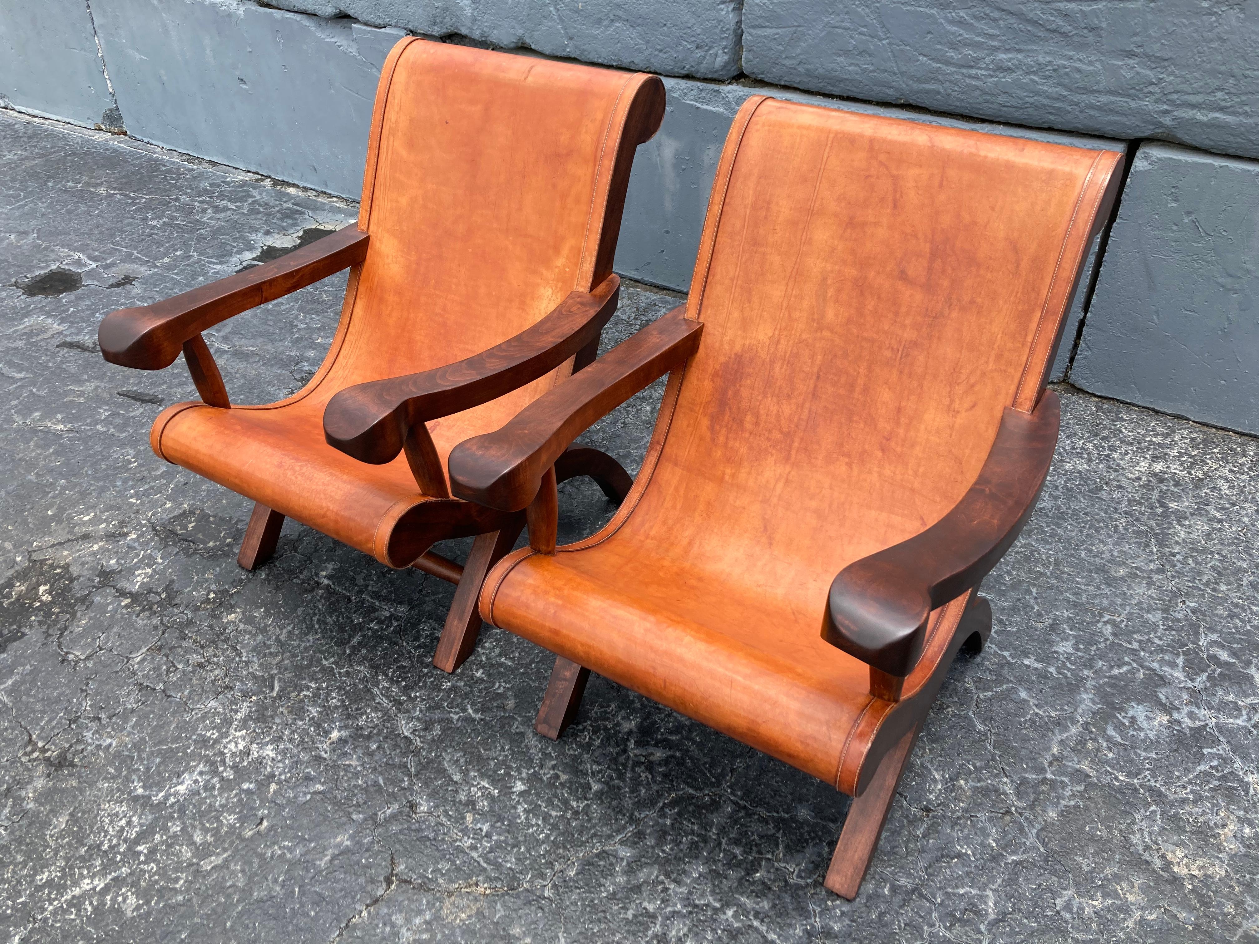 Late 20th Century Pair of Butaque Lounge Chairs in the Style of Clara Porset, Saddle Leather