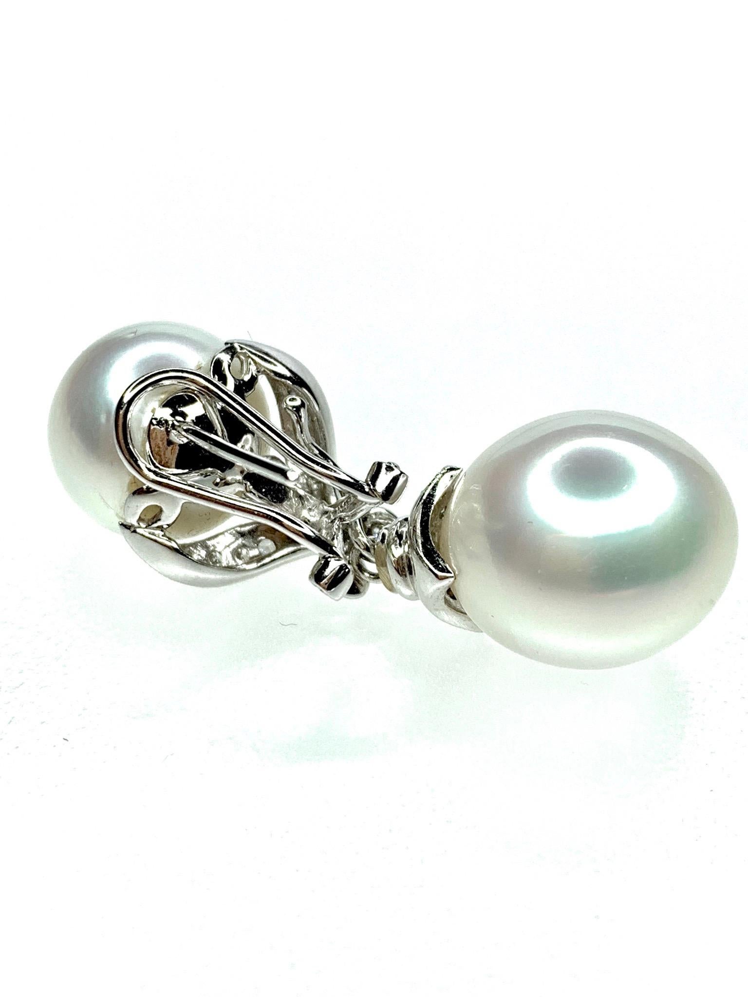 Modern GEMOLITHOS Pair of Button & Pear Shaped Australian Cultured Pearl & Dia Earrings For Sale