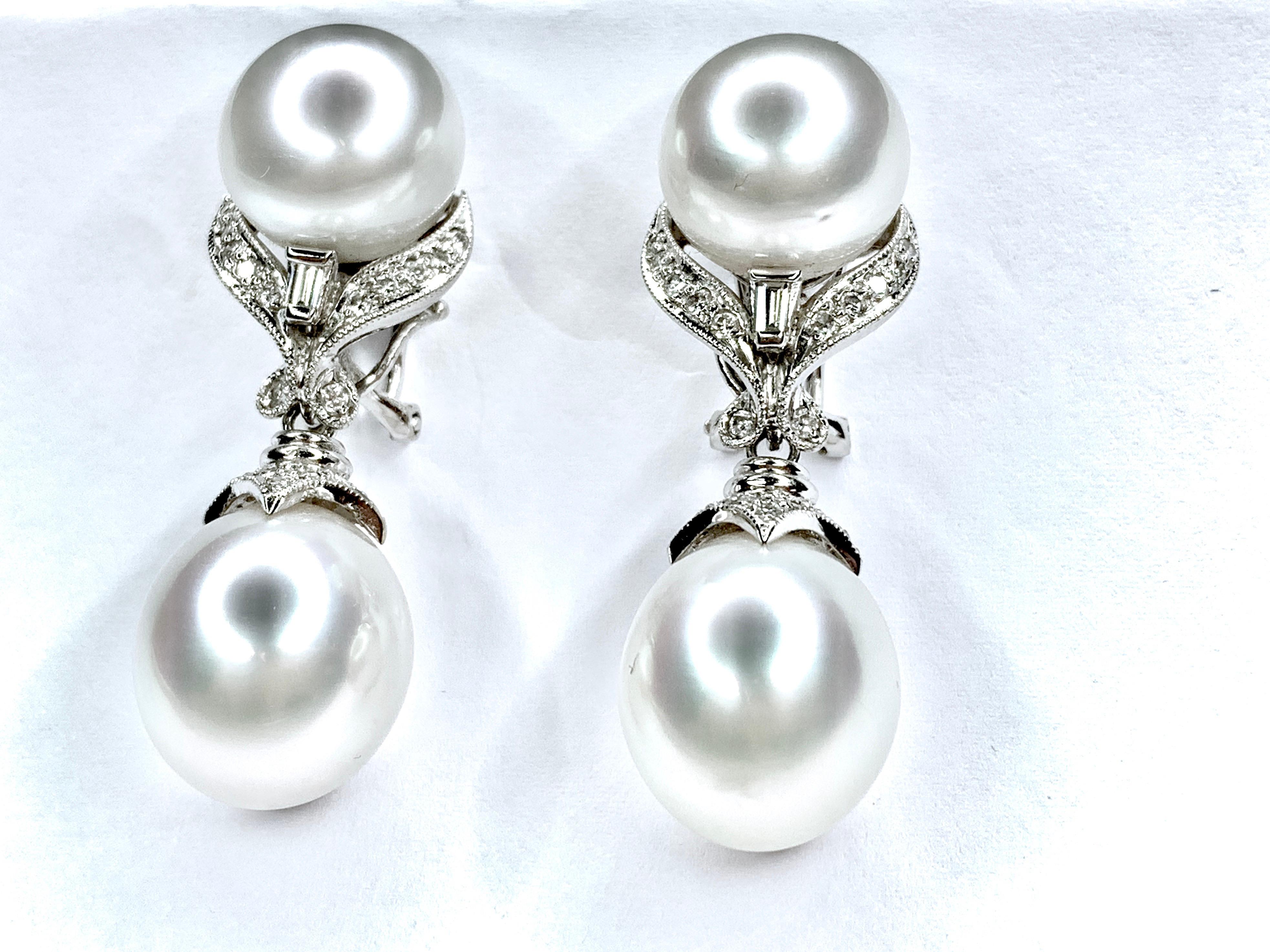 Round Cut GEMOLITHOS Pair of Button & Pear Shaped Australian Cultured Pearl & Dia Earrings For Sale
