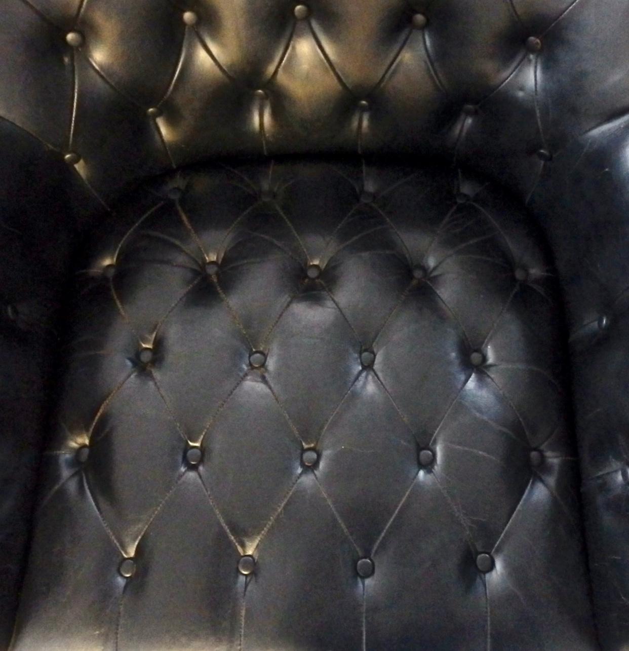 Ebonized Pair of button Tufted Black Leather Occasional Chairs