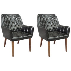 Pair of button Tufted Black Leather Occasional Chairs