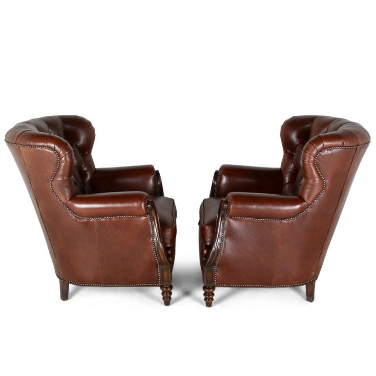 Contemporary Pair of Button-Tufted Leather Armchairs