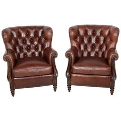 Pair of Button-Tufted Leather Armchairs