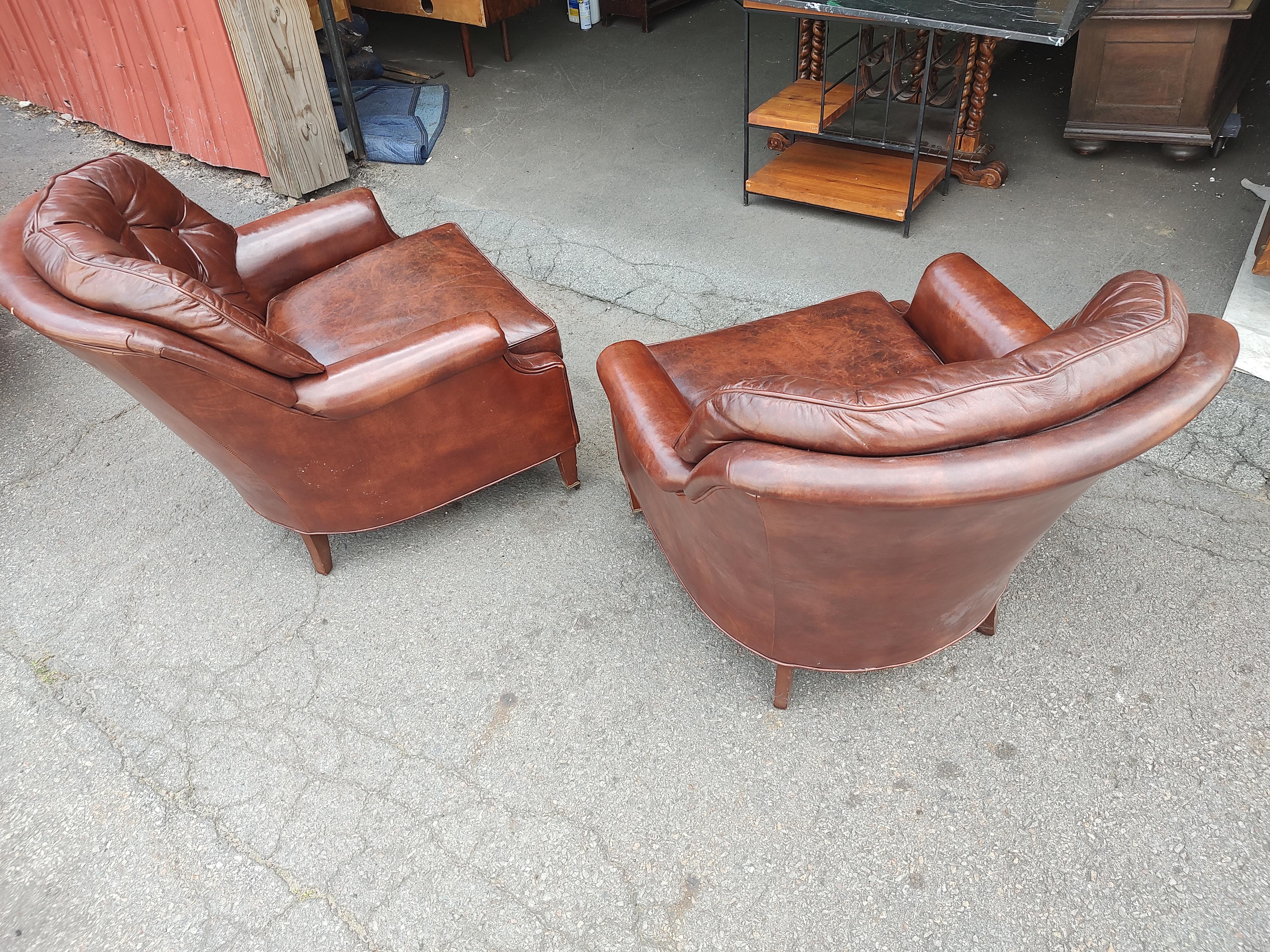 Pair of Button Tufted Leather Club Chairs from Bloomingdales Brothers C 1965 For Sale 1
