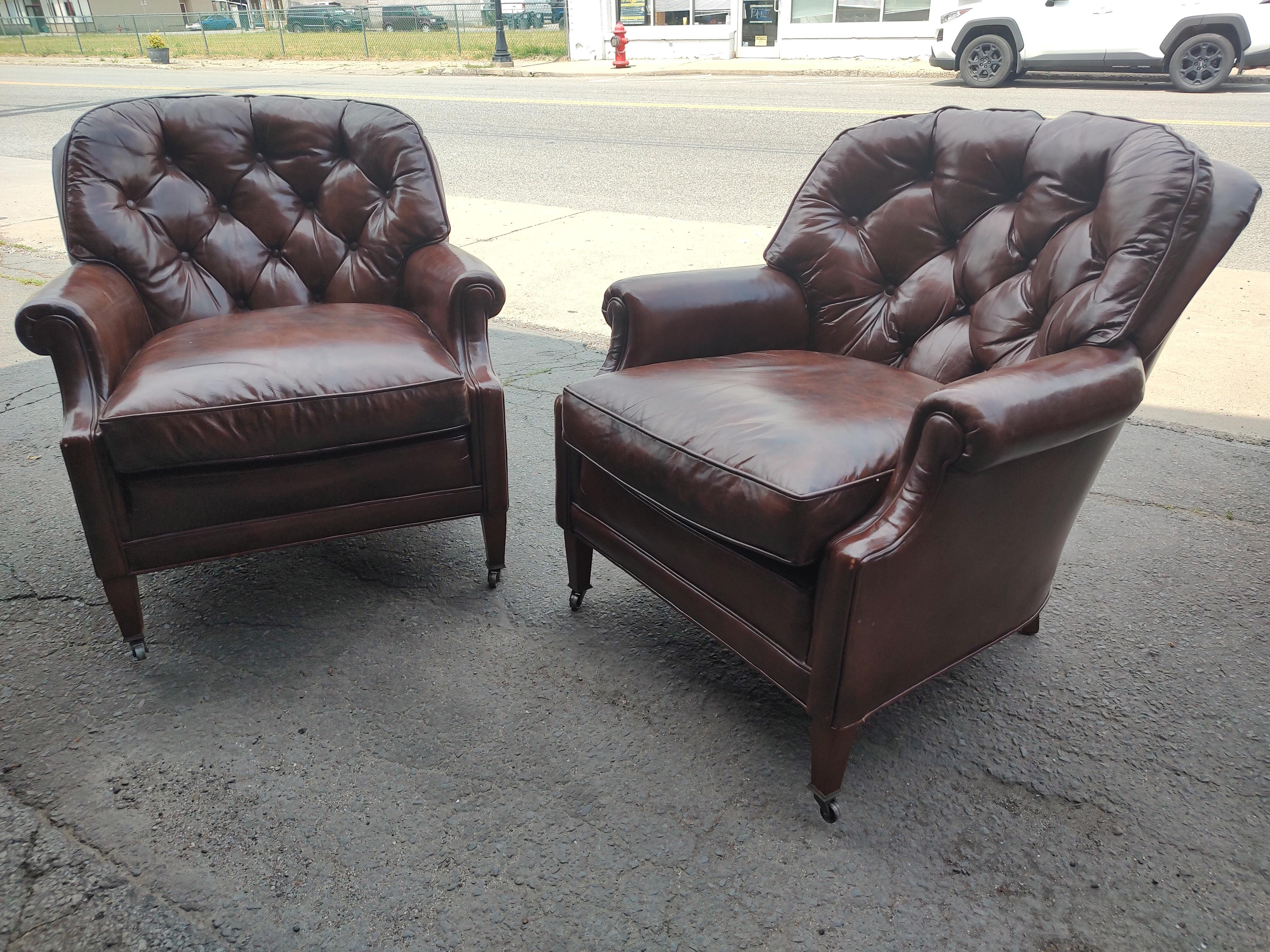 Pair of Button Tufted Leather Club Chairs from Bloomingdales Brothers C 1965 For Sale 2