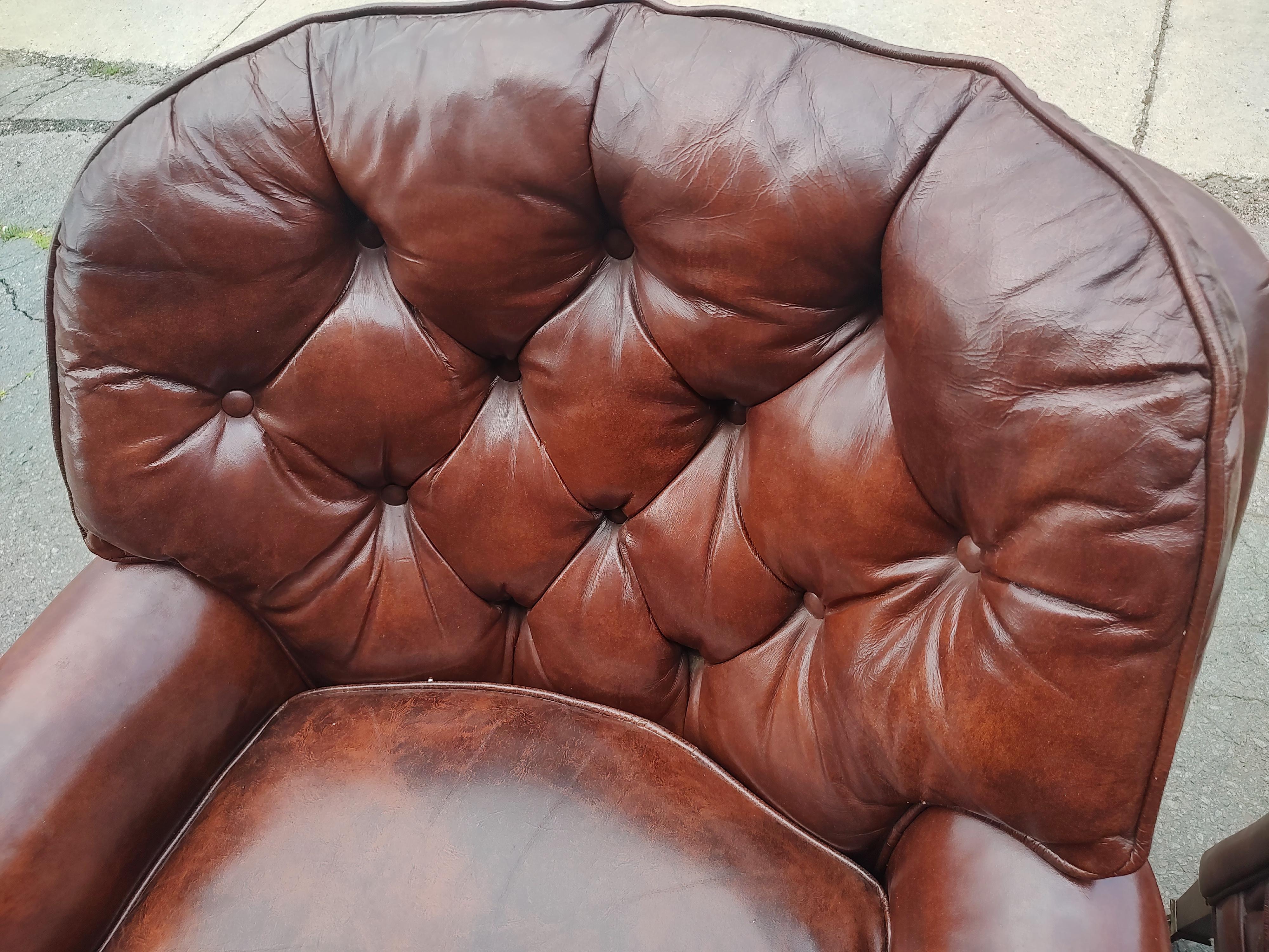 Hand-Crafted Pair of Button Tufted Leather Club Chairs from Bloomingdales Brothers C 1965 For Sale