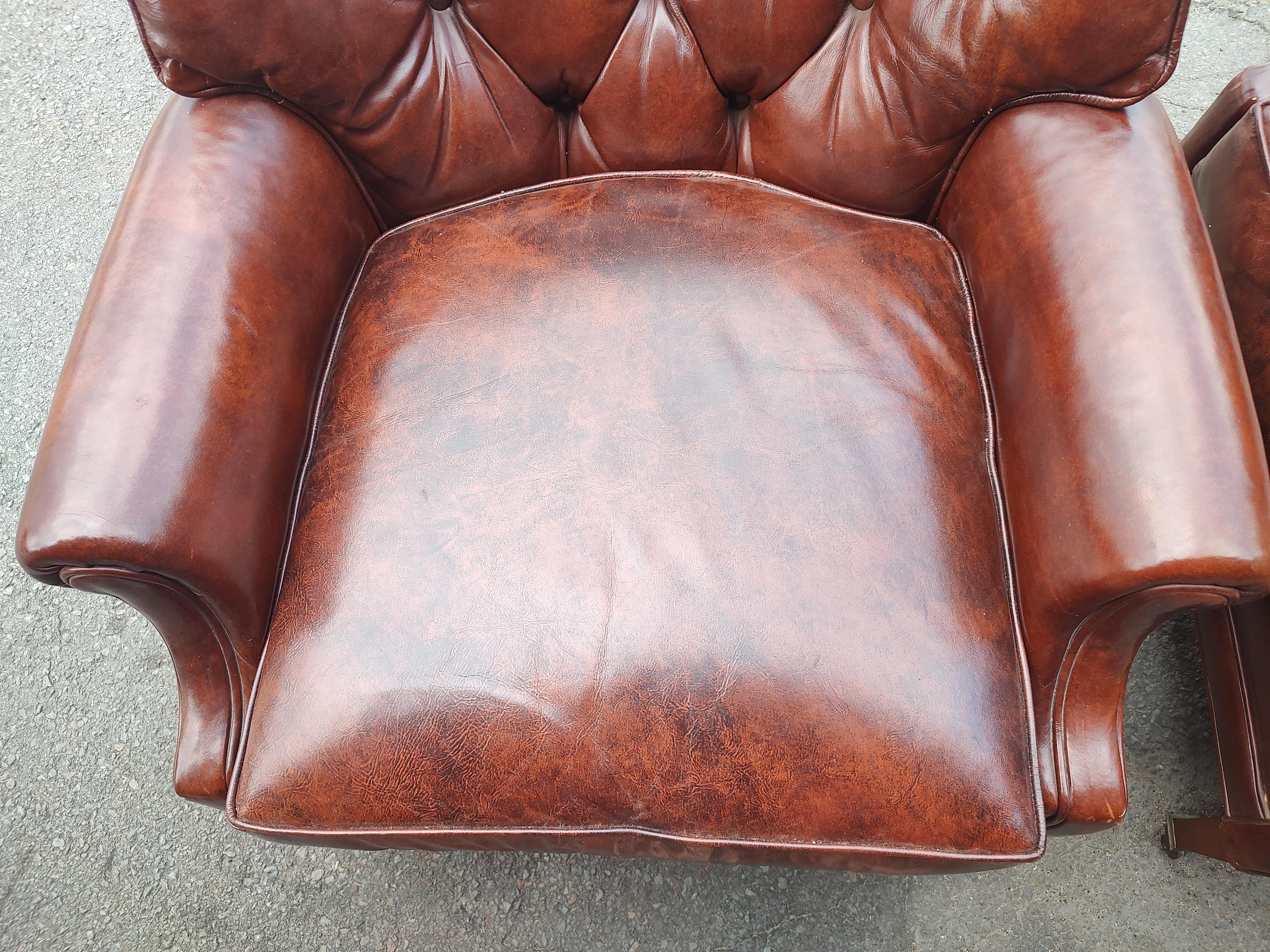Pair of Button Tufted Leather Club Chairs from Bloomingdales Brothers C 1965 For Sale 1