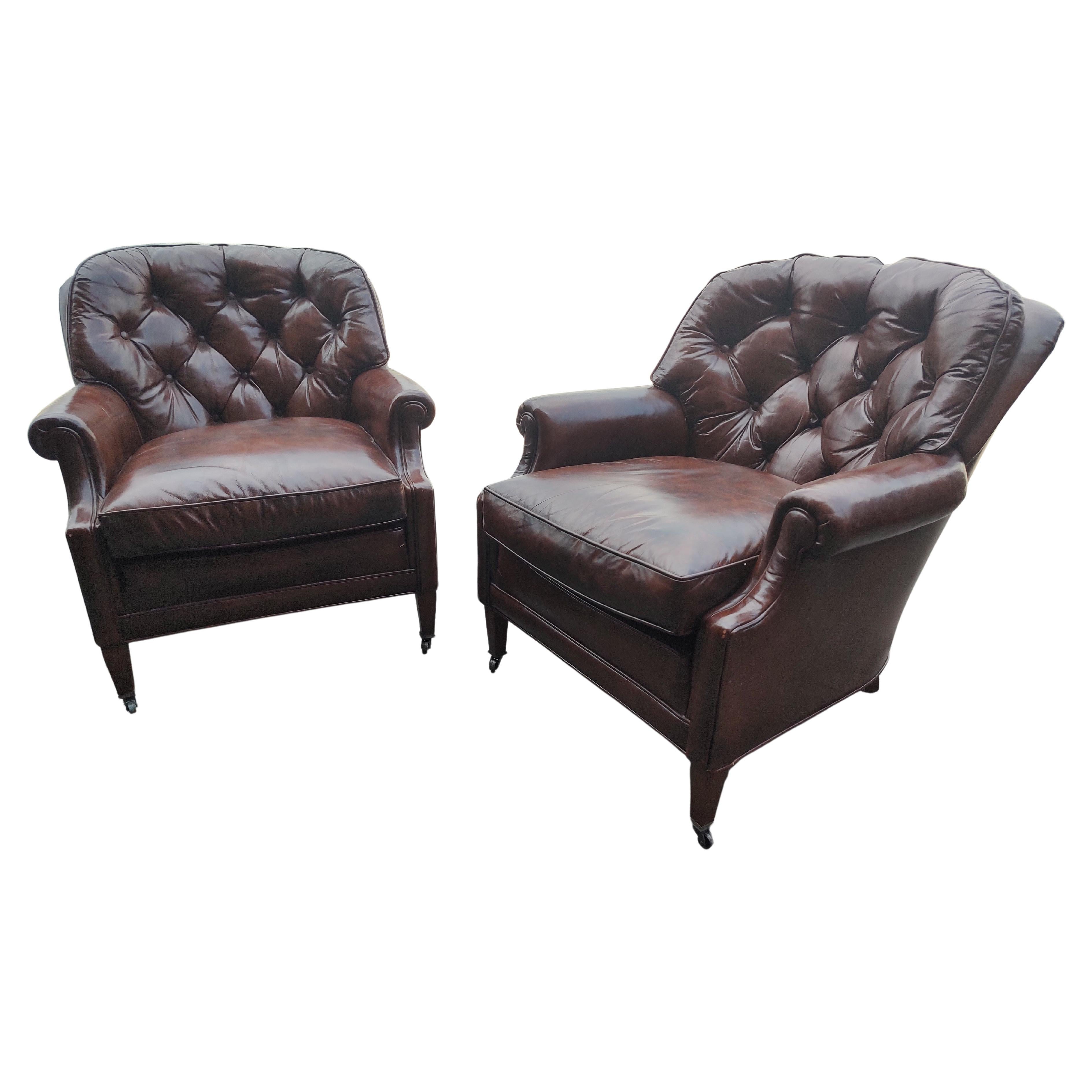 Art Deco Pair of Button Tufted Leather Club Chairs from Bloomingdales Brothers C 1965 For Sale