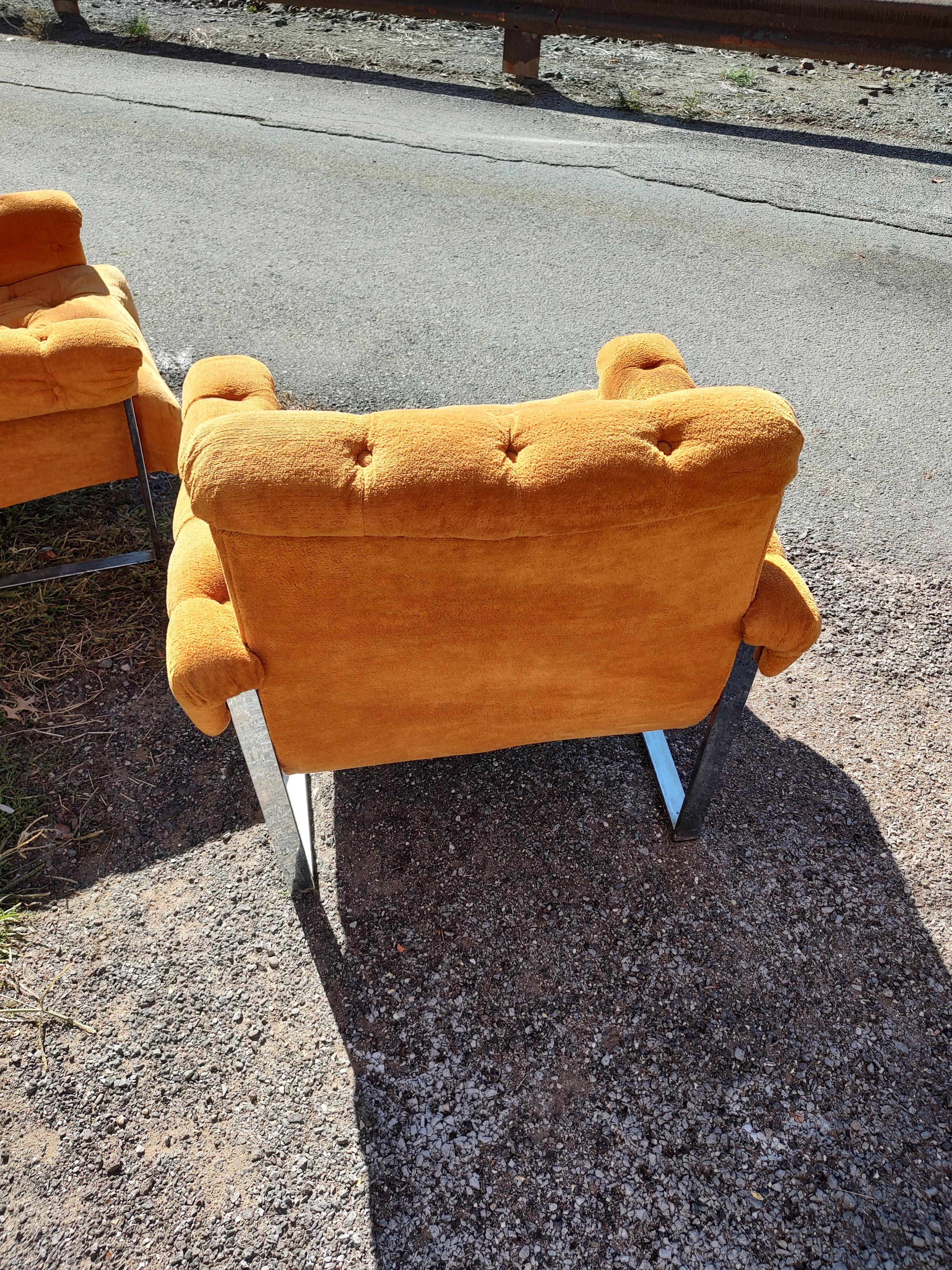 Pair of Button Tufted Lounge Chairs in Orange with Chrome Sled Bases For Sale 1