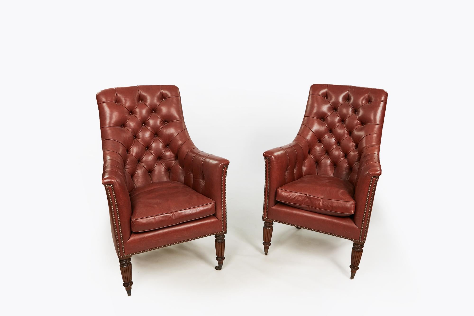 Irish Pair of Buttoned Leather Library Armchairs