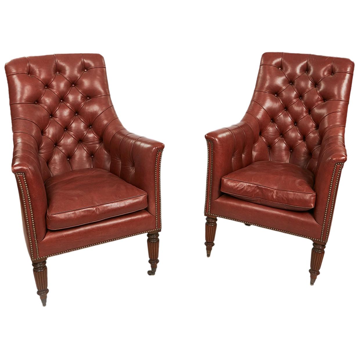 Pair of Buttoned Leather Library Armchairs