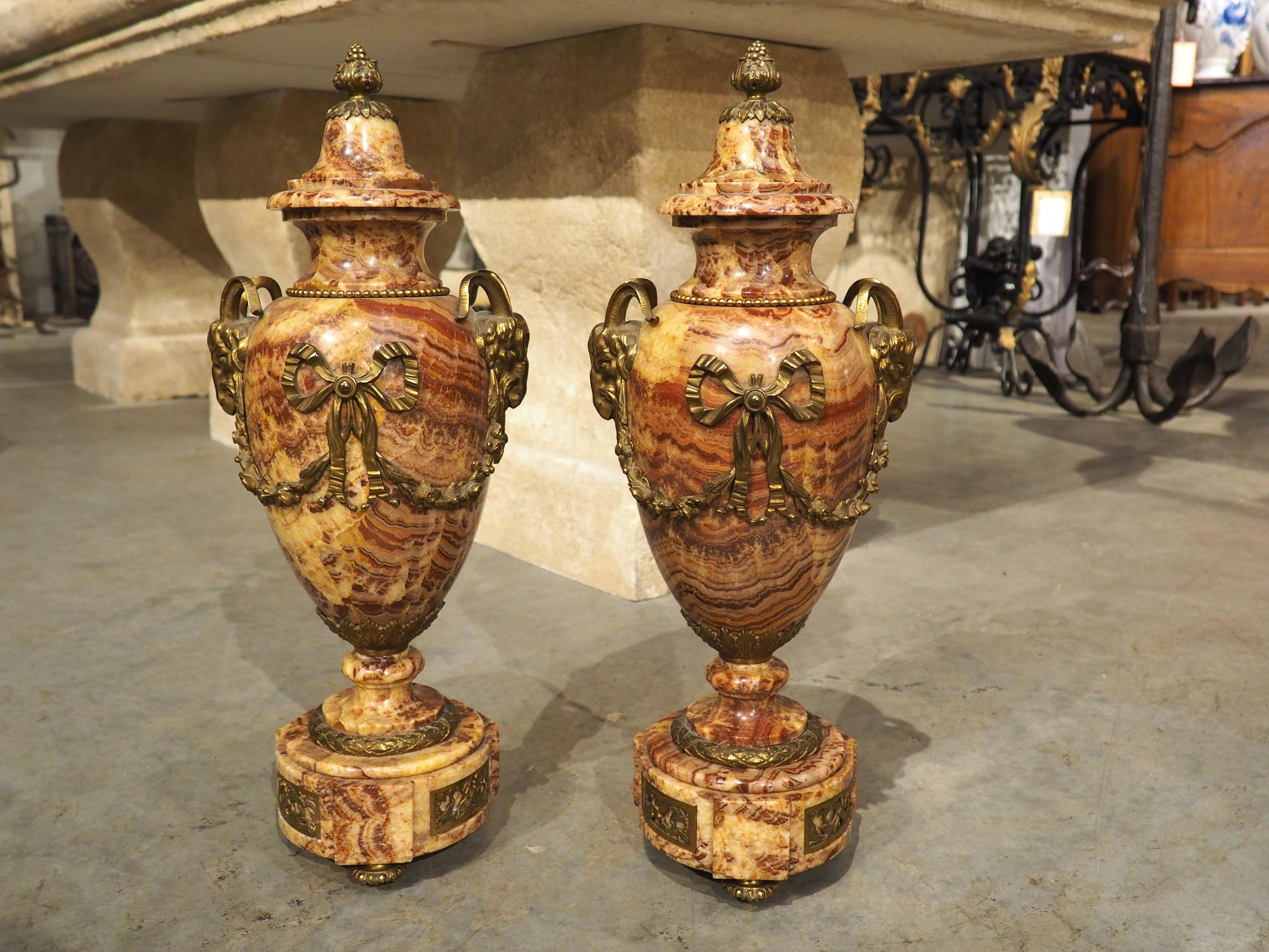 Pair of C. 1880 French Louis XVI Style Carved Marble and Gilt Bronze Cassolettes For Sale 11