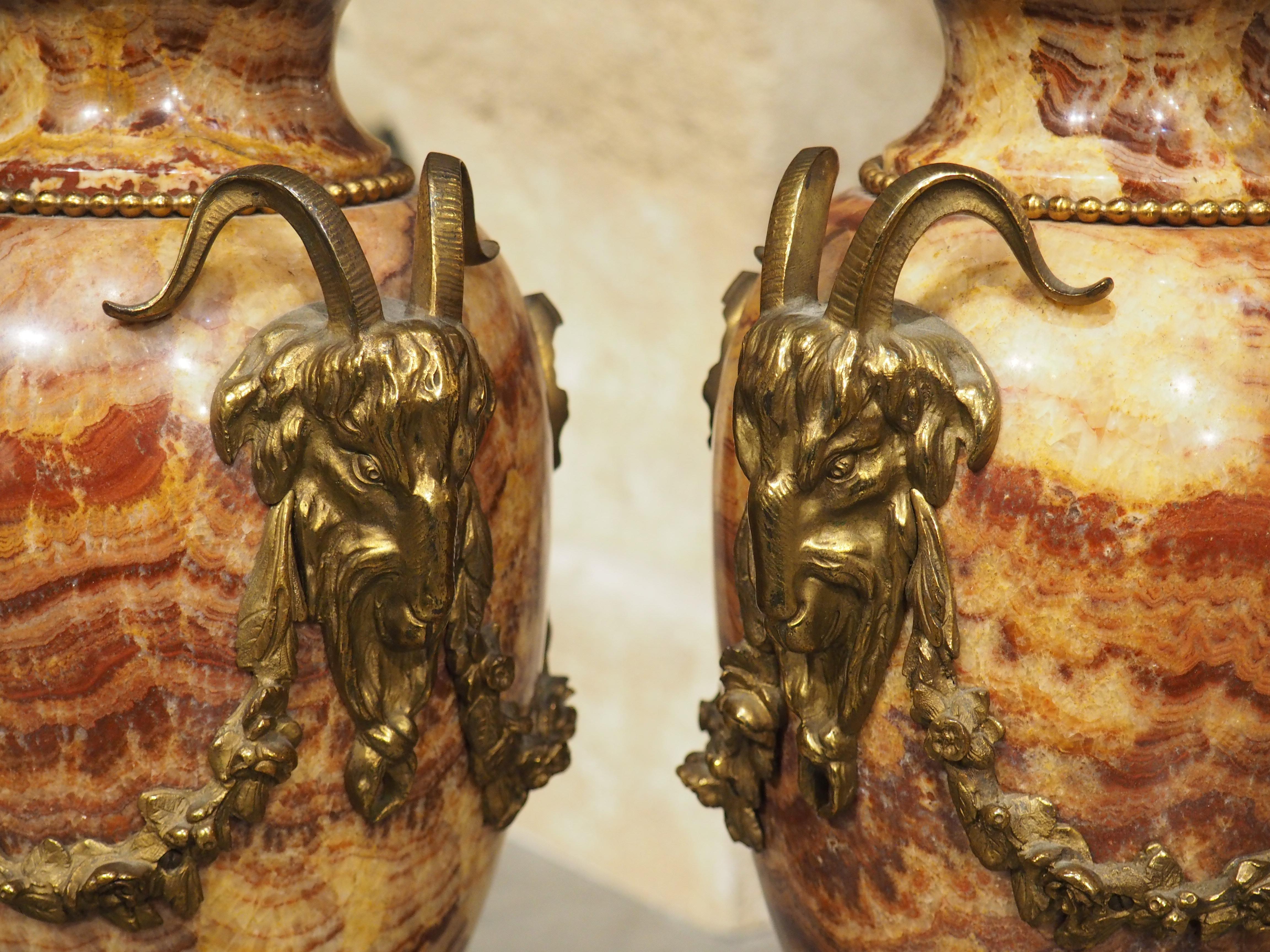 Paar französische Cassolettes aus geschnitztem Marmor und vergoldeter Bronze im Louis-XVI.-Stil aus der Zeit um 1880 im Angebot 12