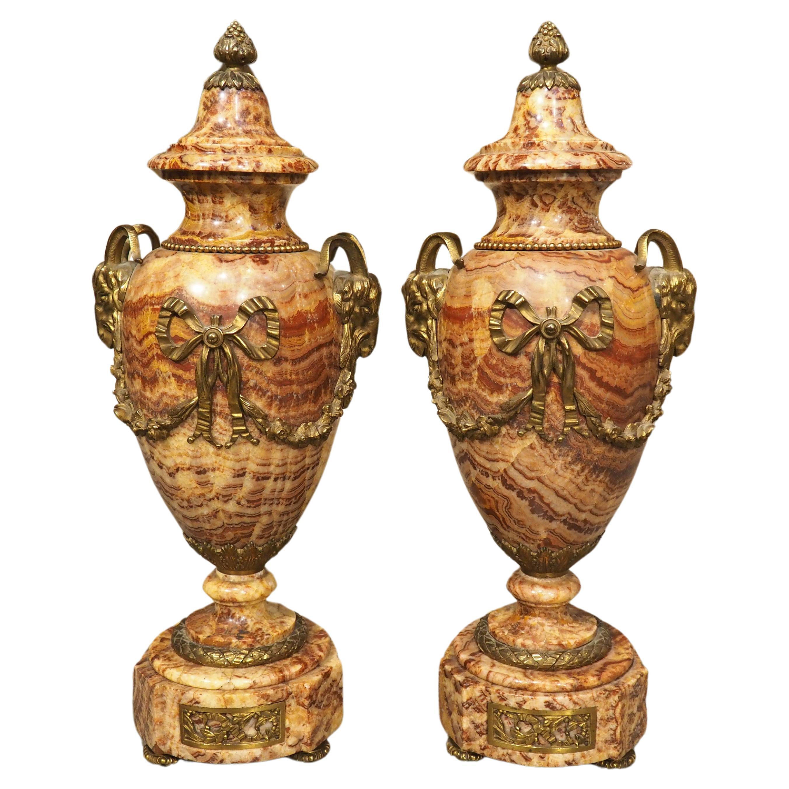 Coppia di cassolette in marmo scolpito e bronzo dorato in stile Luigi XVI del 1880 circa