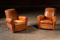 Pair of c. 1925 French Leather Club Chairs in Tobacco