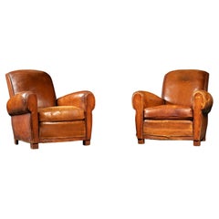 Pair of c. 1925 French Leather Club Chairs in Tobacco