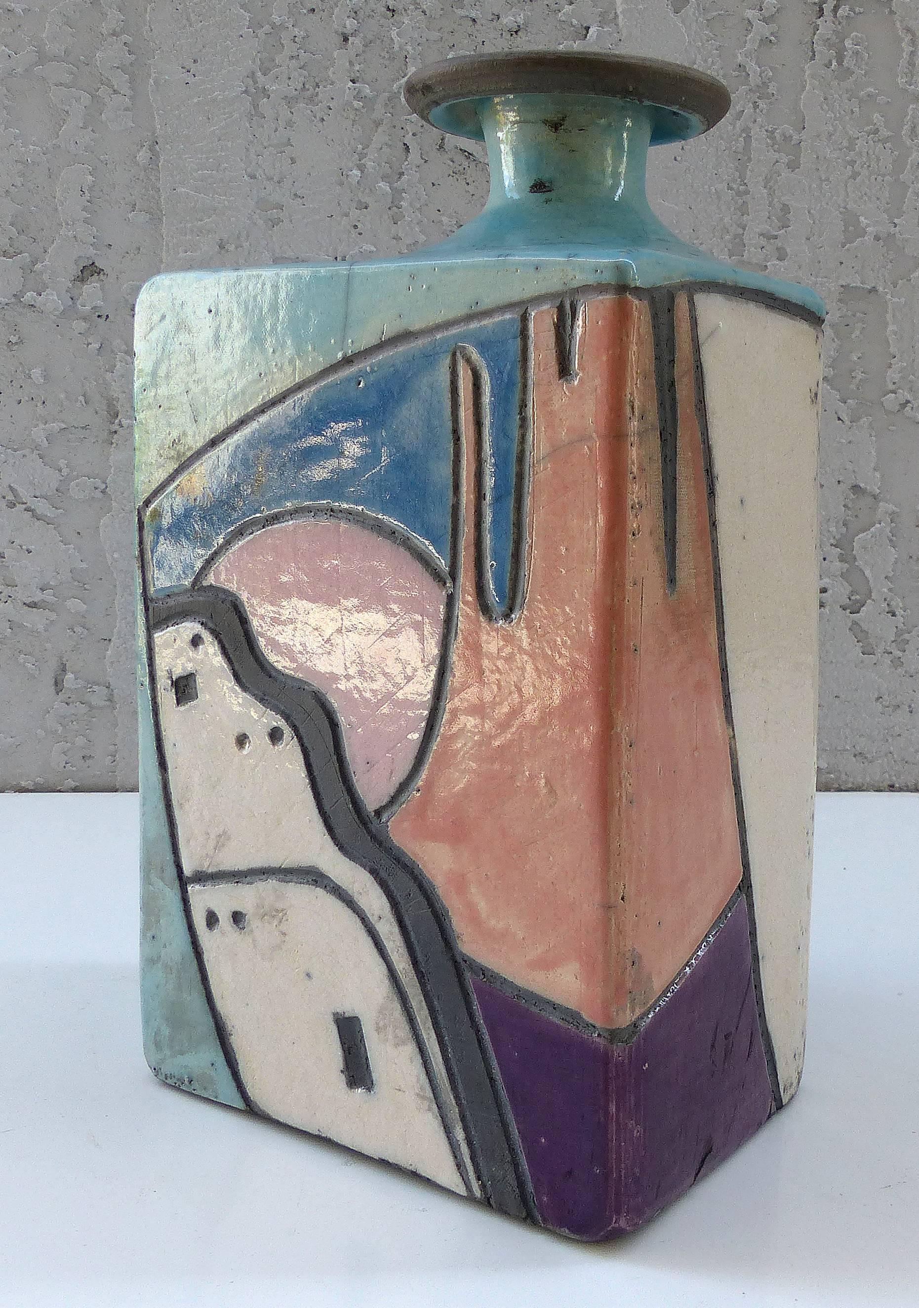 Pair of circa 1980s Abstract Hand Built Modern Glazed Pottery Vases In Excellent Condition In Miami, FL