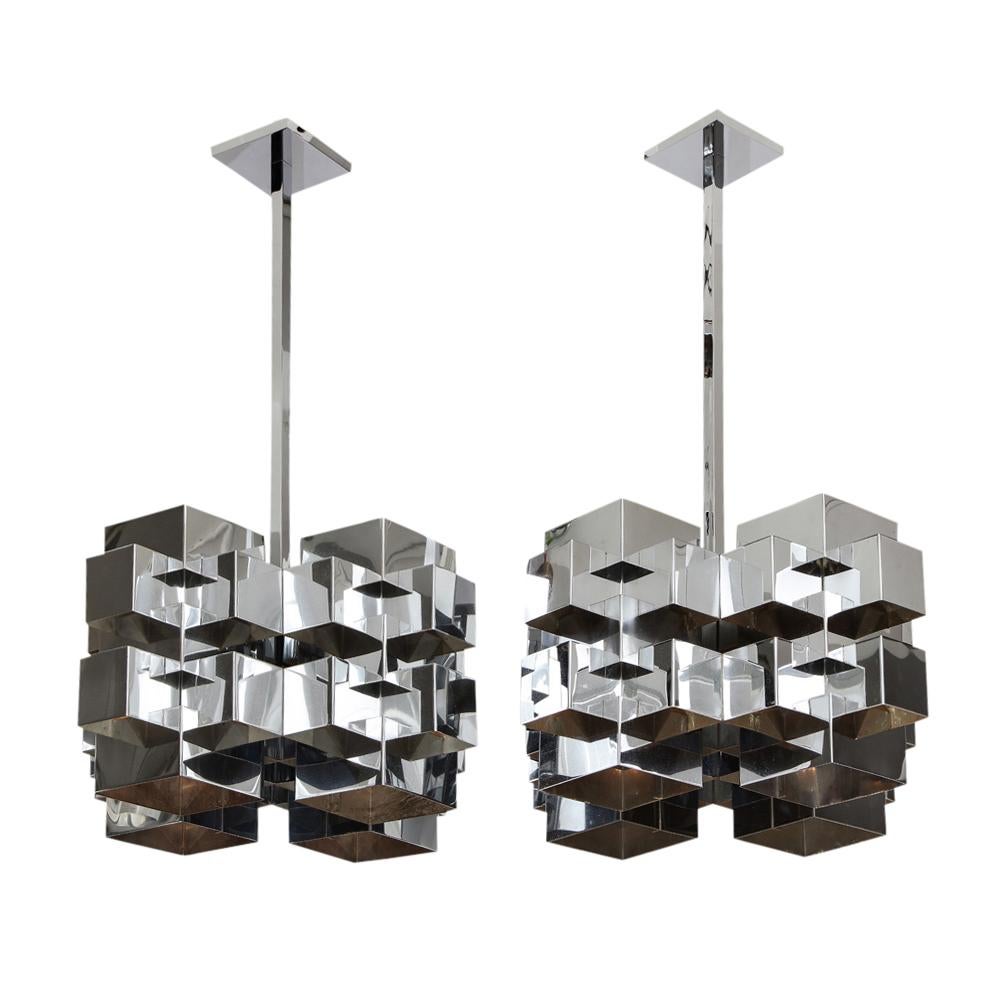 Mid-Century Modern C. Jere Cubist Chandeliers, Chrome Steel