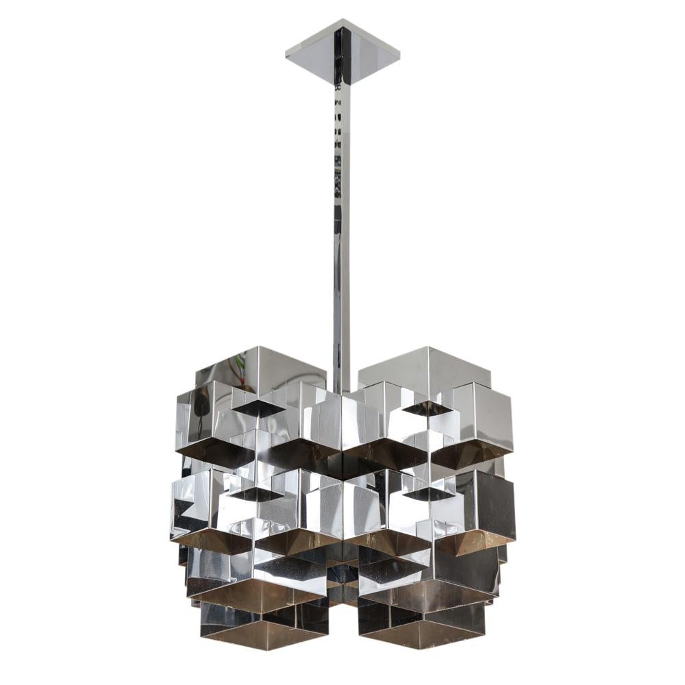 Plated C. Jere Cubist Chandeliers, Chrome Steel