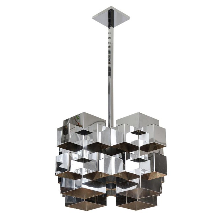 Plated C. Jere Cubist Chandeliers, Chrome Steel For Sale
