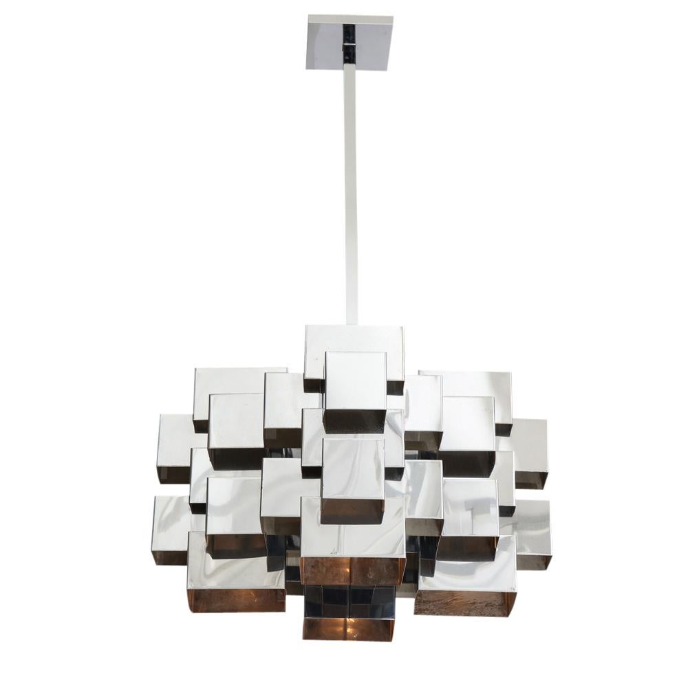 C. Jere Cubist Chandeliers, Chrome Steel In Good Condition In New York, NY