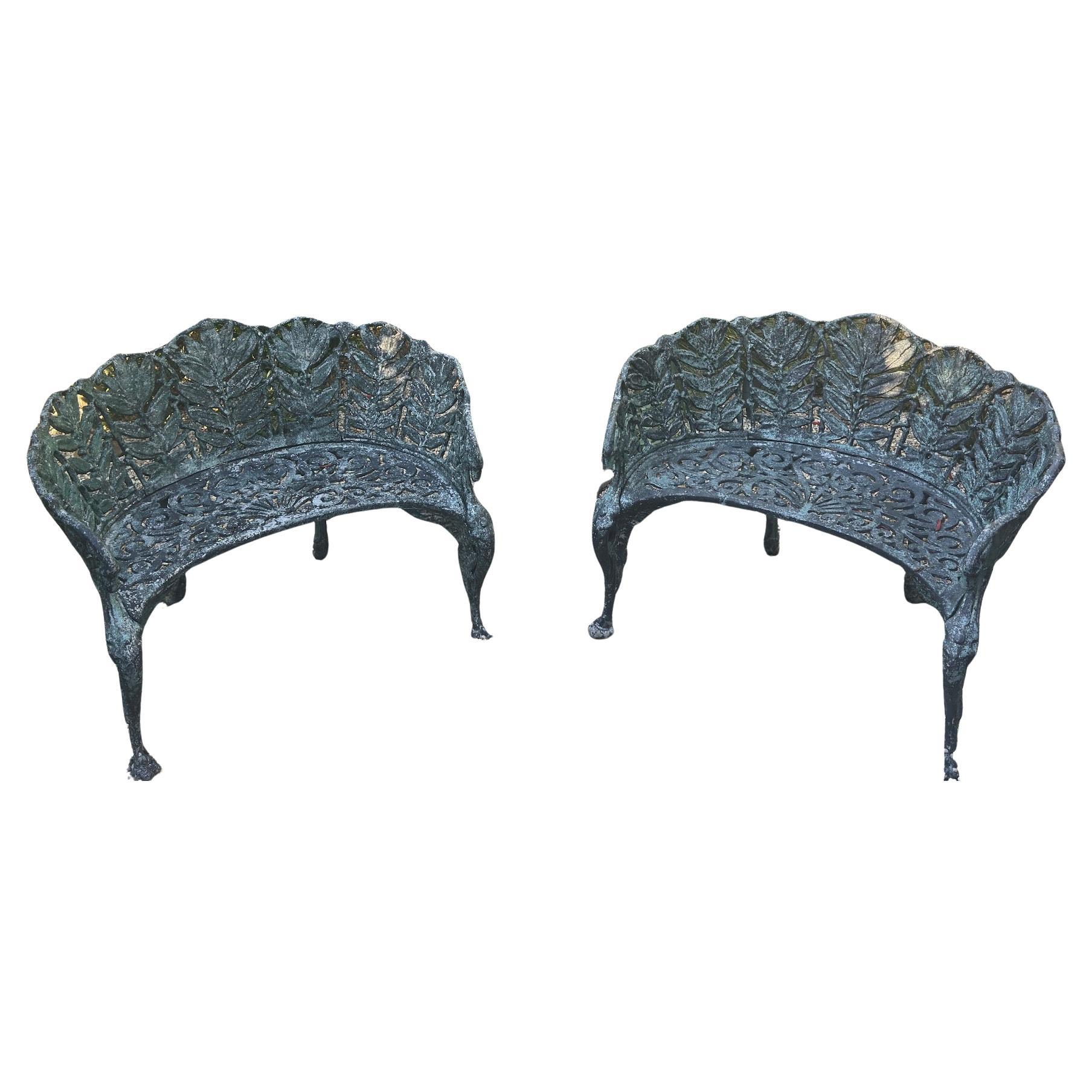 Pair of c.1890 Victorian Cast Iron Garden Benches with Sculptural Leaf Backrests For Sale