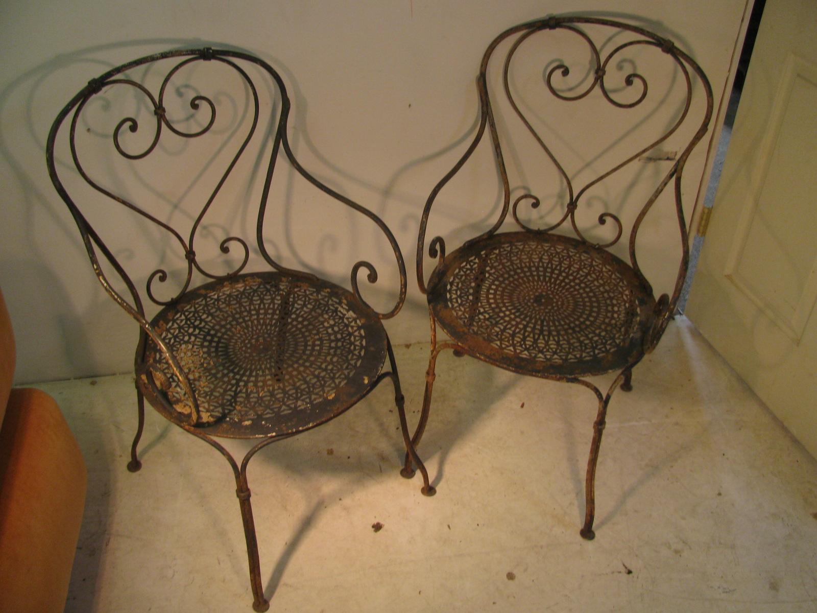 Beaux Arts Pair of circa 1940, French Iron with Pierced Metal Seats Garden Chairs