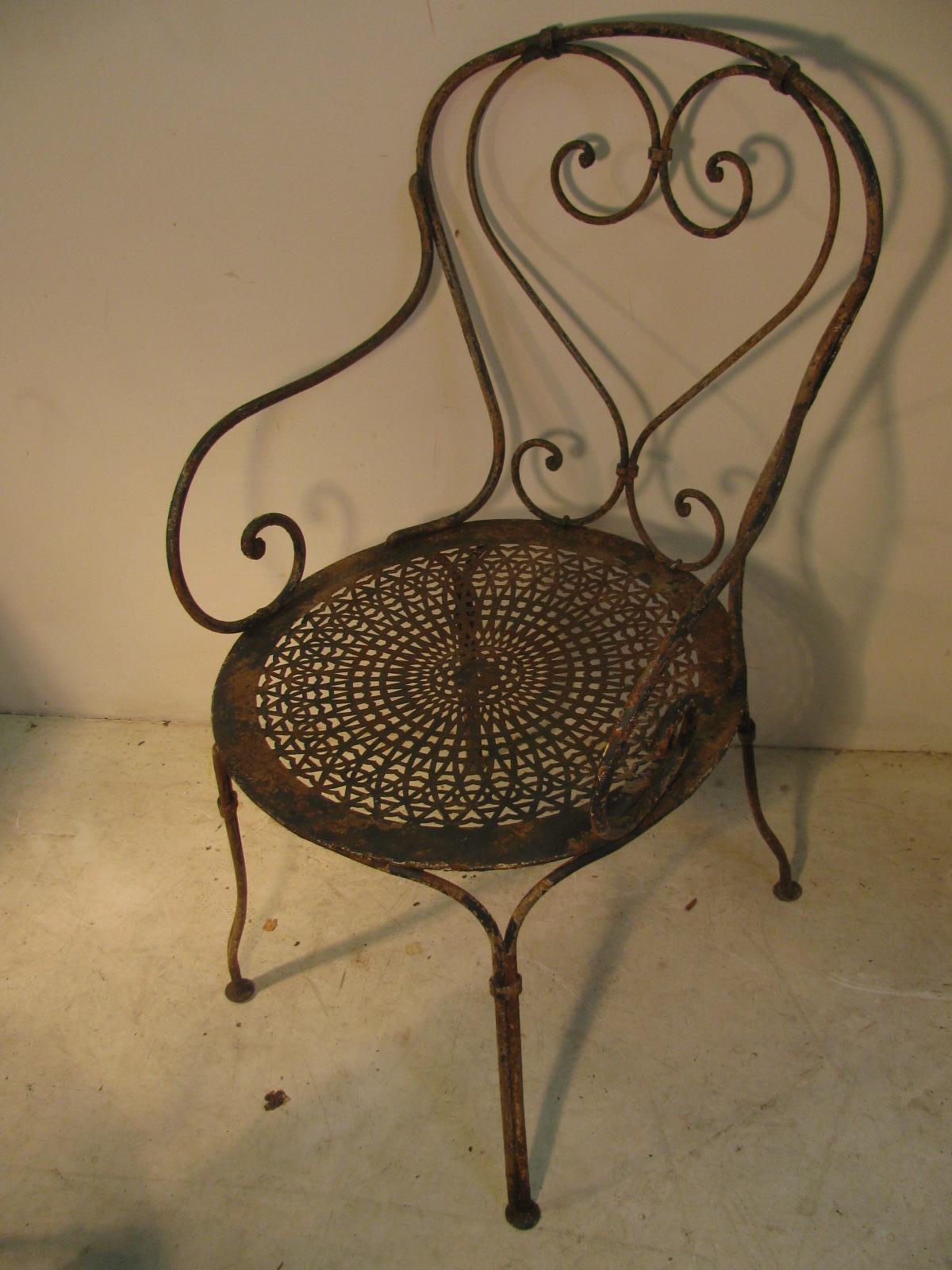 Hand-Crafted Pair of circa 1940, French Iron with Pierced Metal Seats Garden Chairs