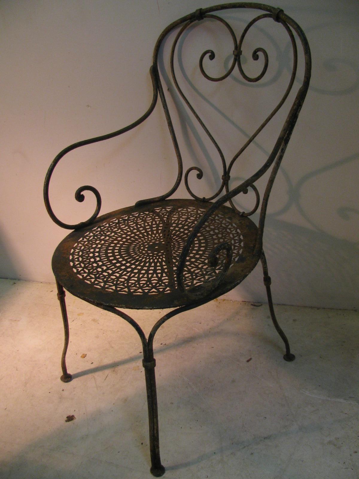 Pair of circa 1940, French Iron with Pierced Metal Seats Garden Chairs In Good Condition In Port Jervis, NY