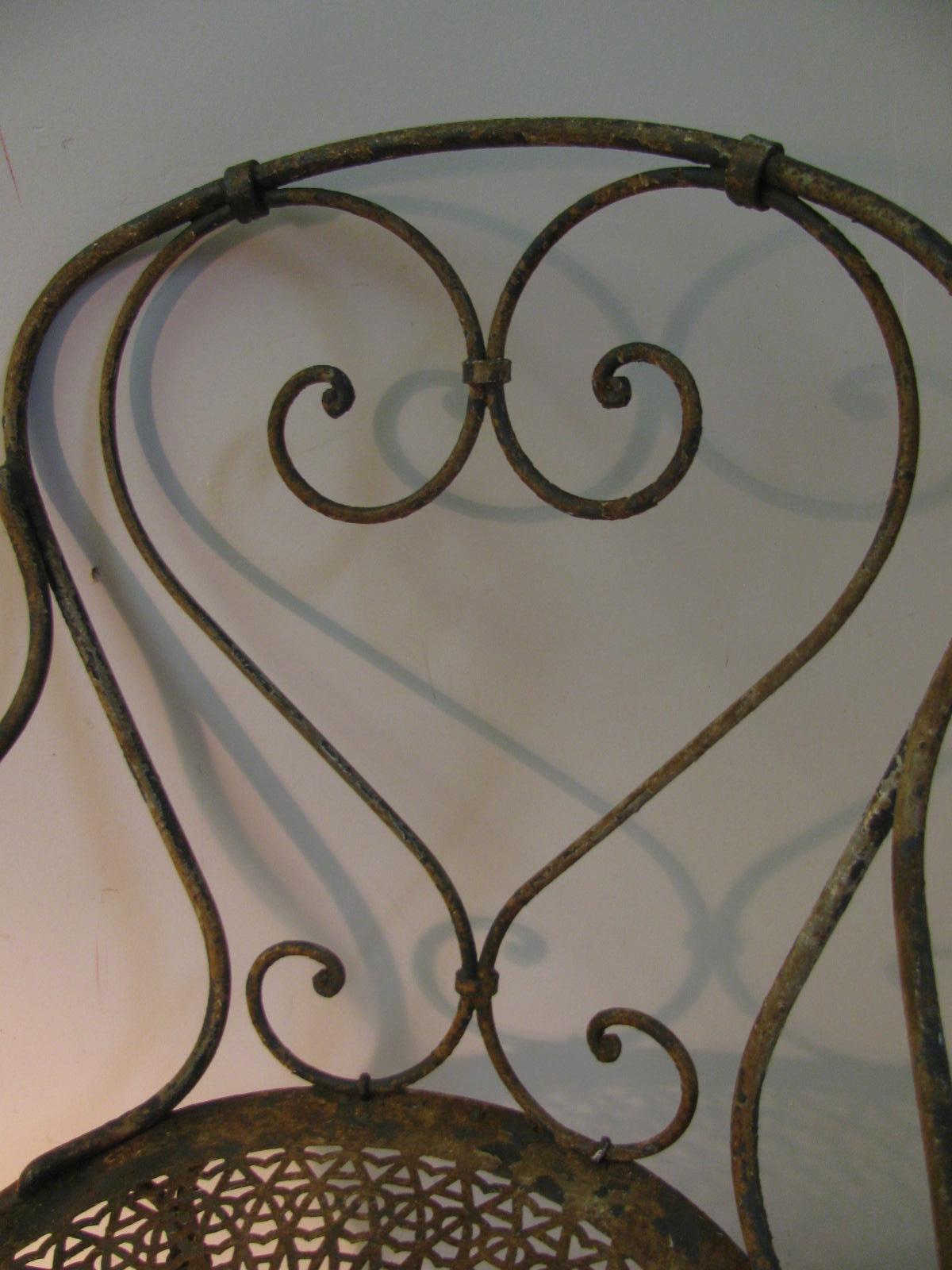 Pair of circa 1940, French Iron with Pierced Metal Seats Garden Chairs 1