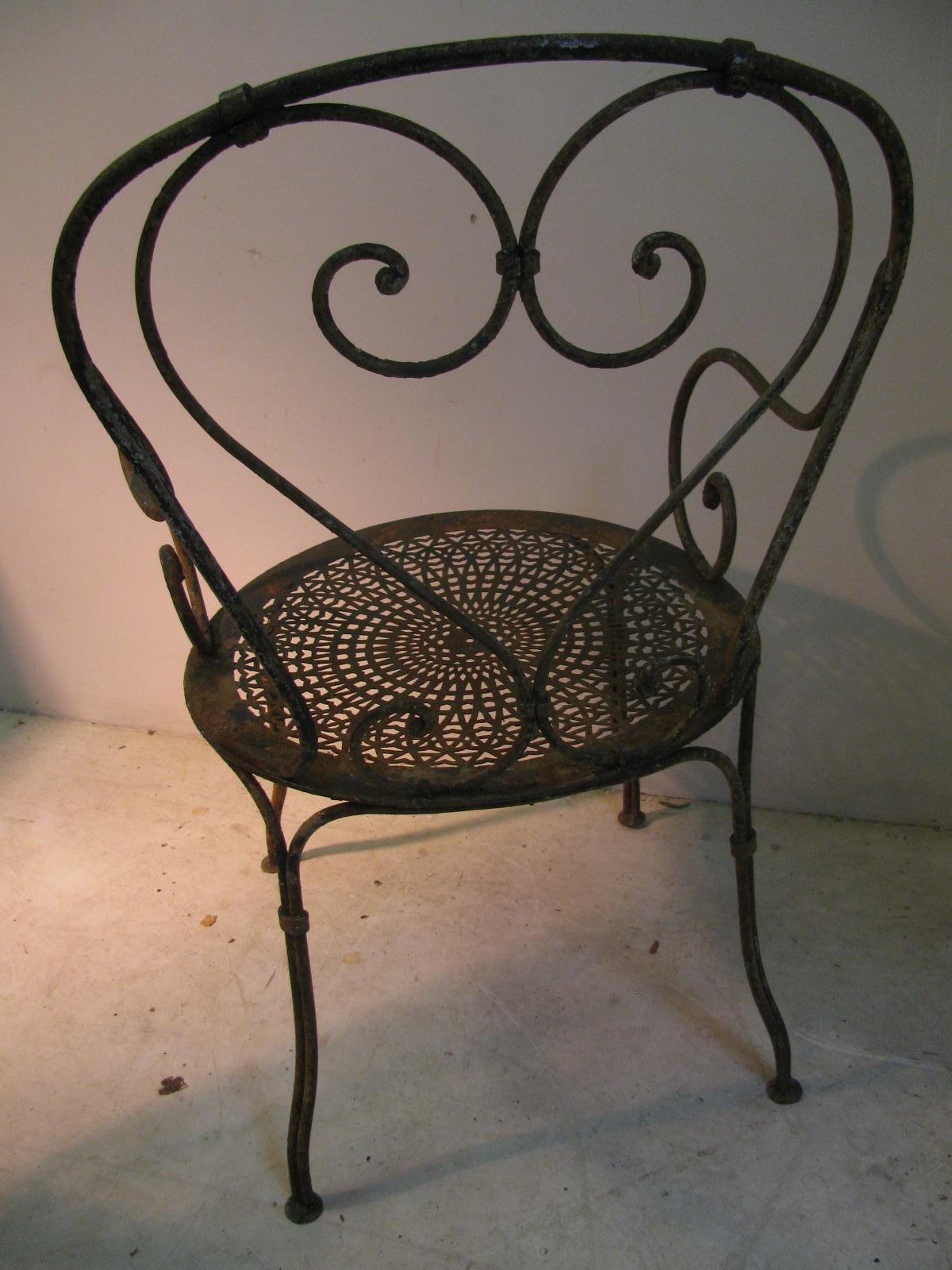 Pair of circa 1940, French Iron with Pierced Metal Seats Garden Chairs 2