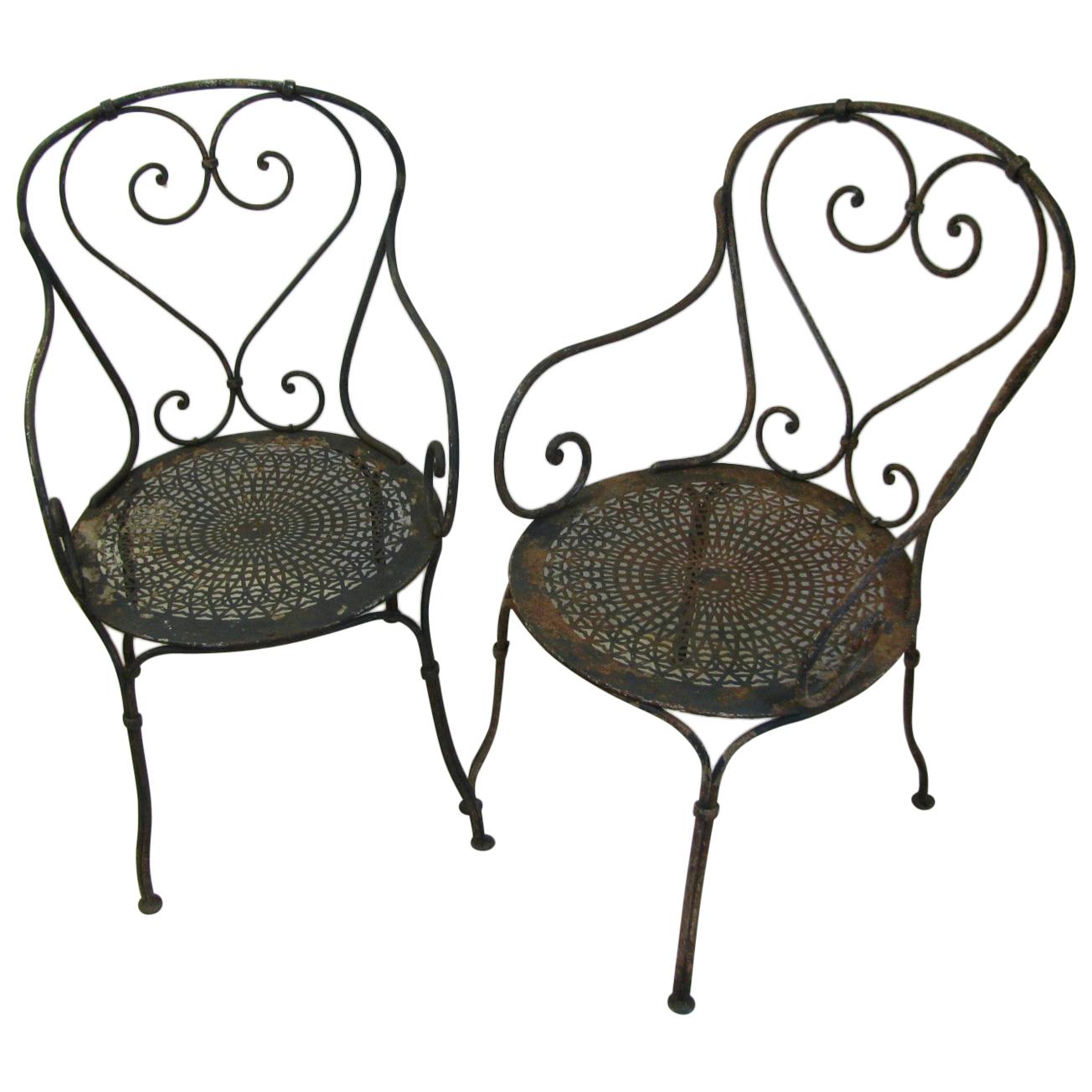 Pair of circa 1940, French Iron with Pierced Metal Seats Garden Chairs