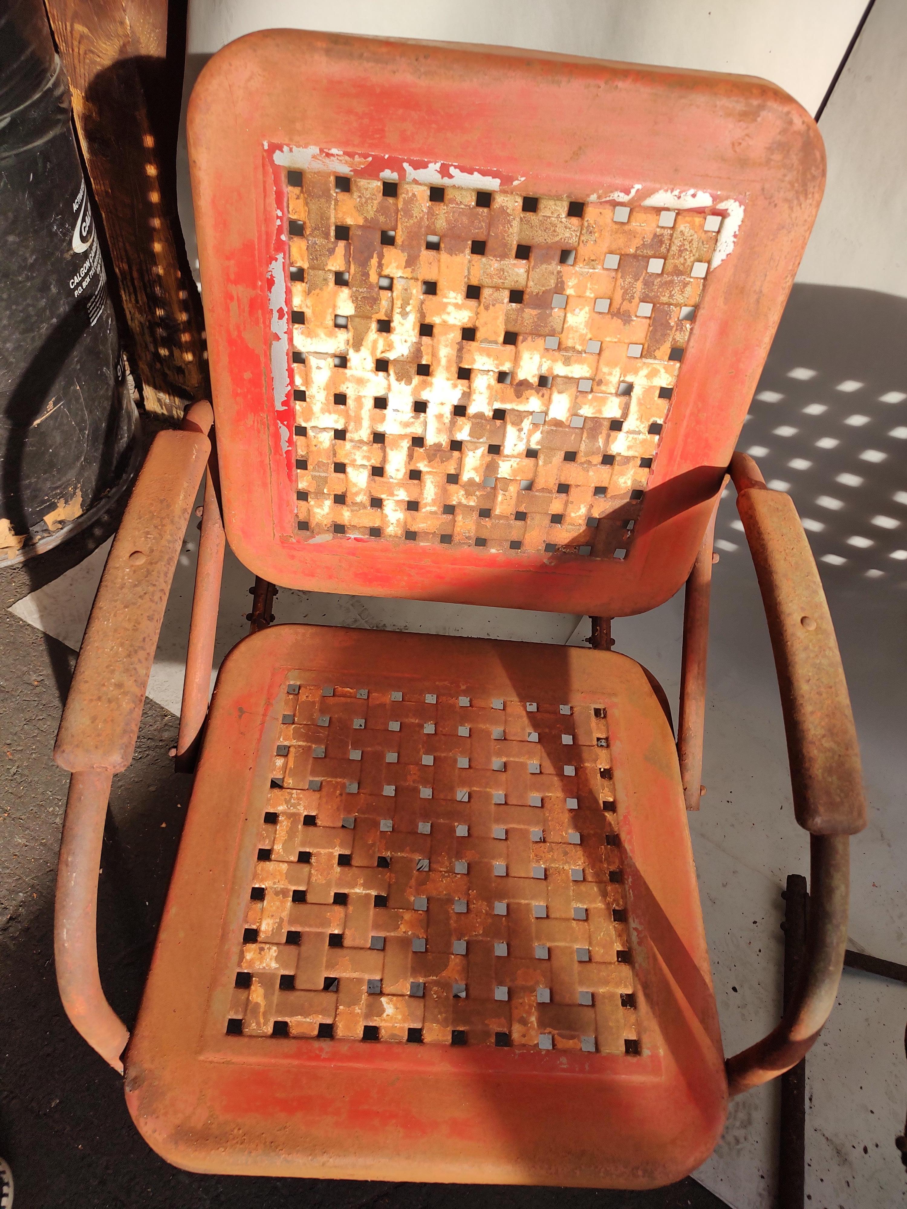 Pair of C1940 Steel Basket Weave Porch Rocker & Bounce Chair 1