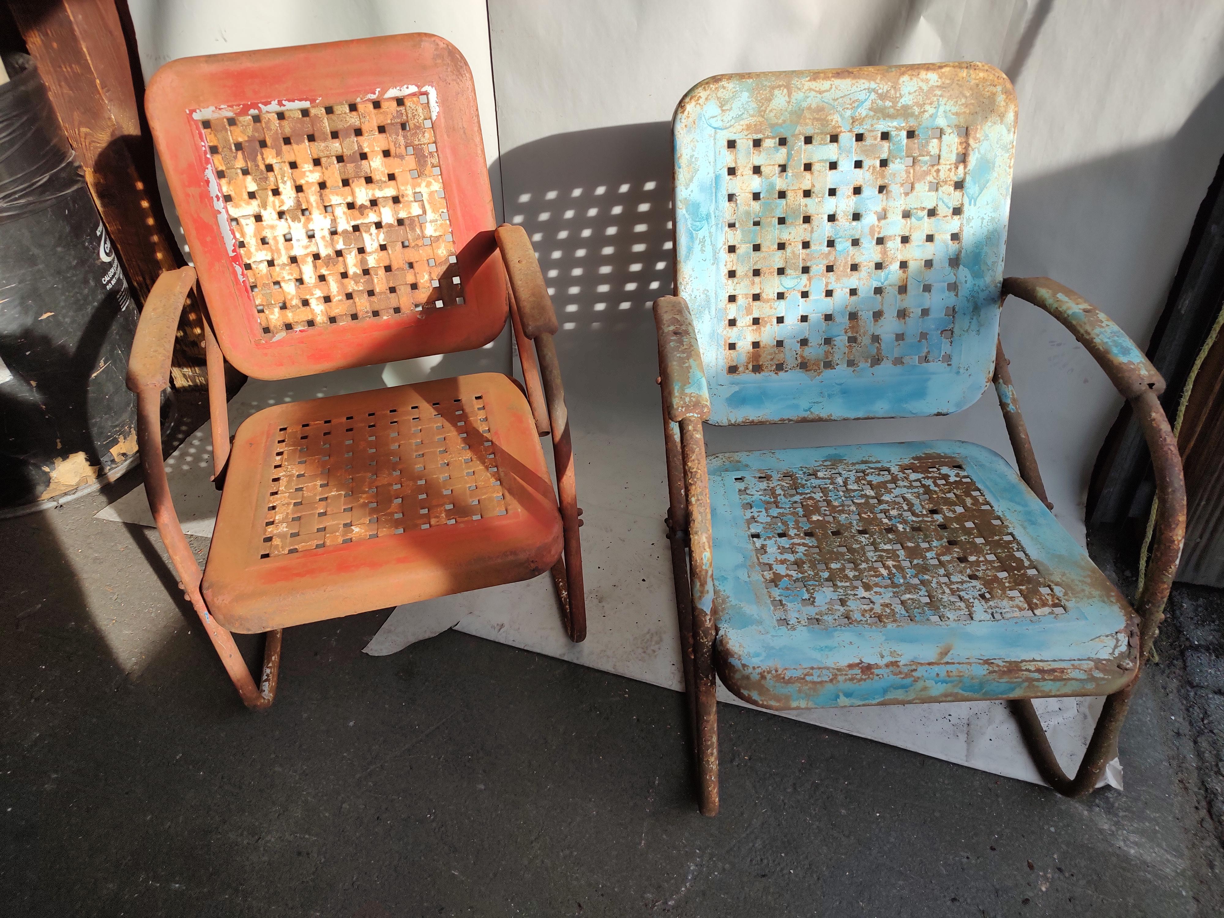 Pair of C1940 Steel Basket Weave Porch Rocker & Bounce Chair 2