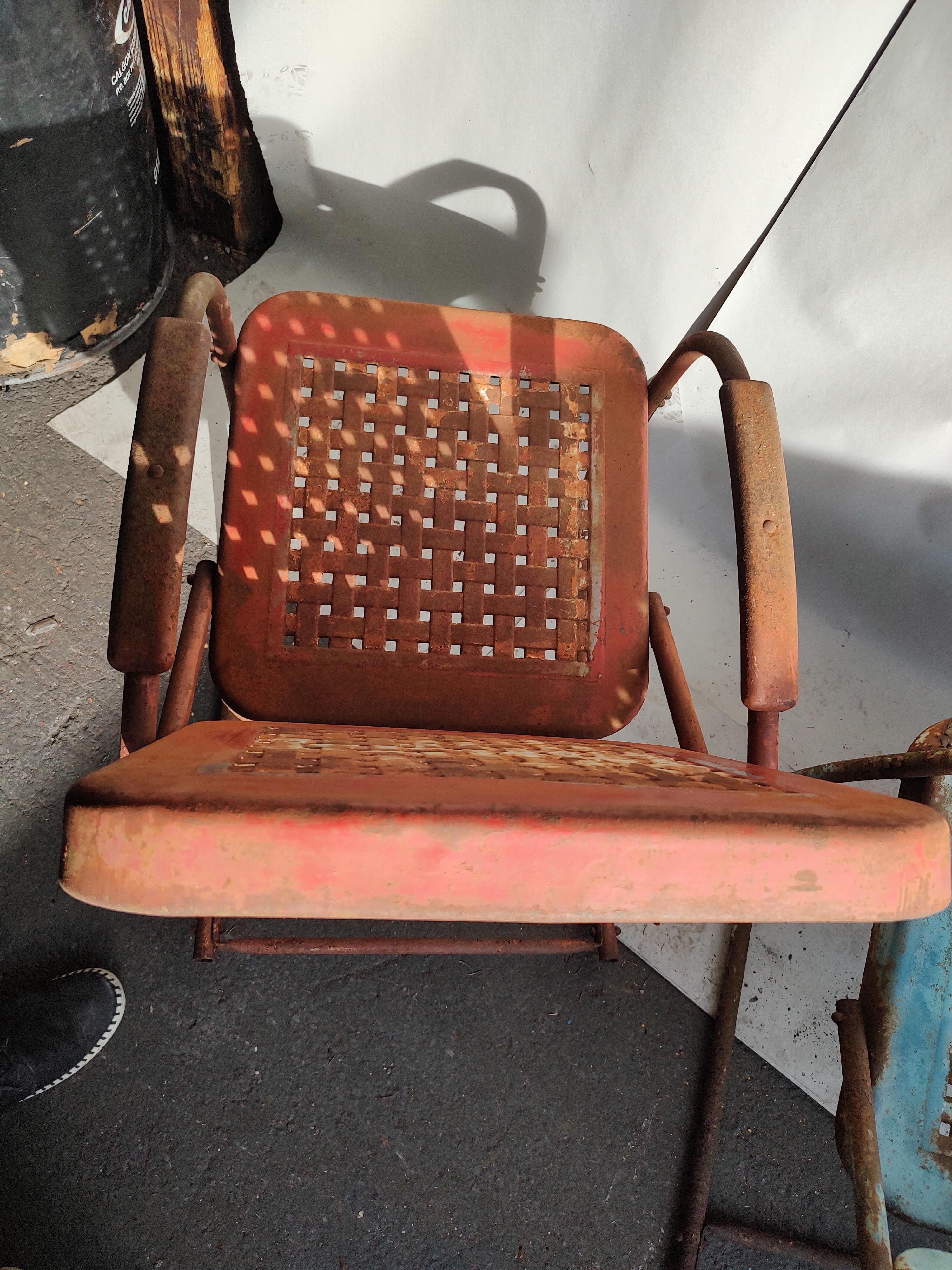 Art Deco Pair of C1940 Steel Basket Weave Porch Rocker & Bounce Chair