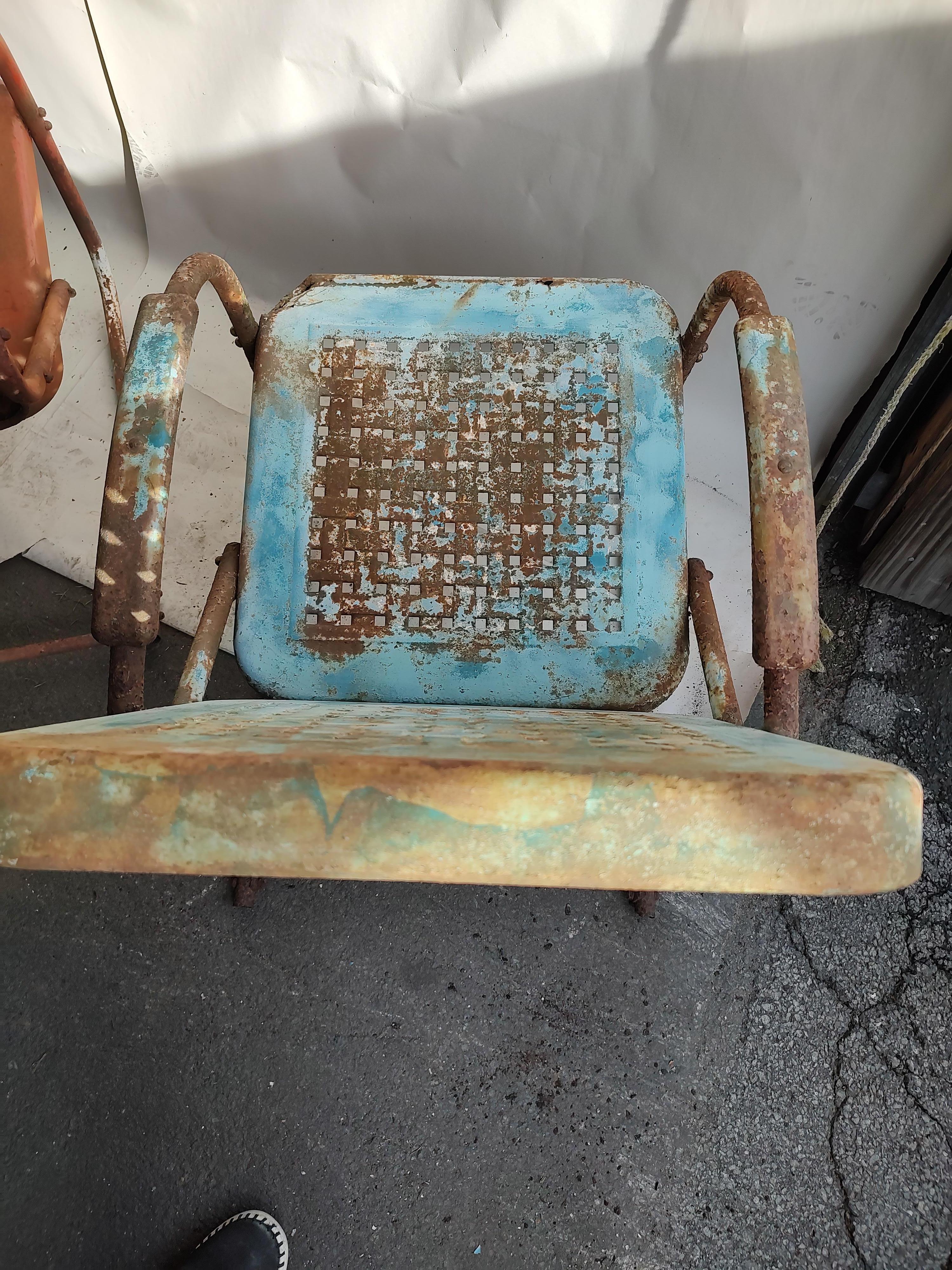 American Pair of C1940 Steel Basket Weave Porch Rocker & Bounce Chair
