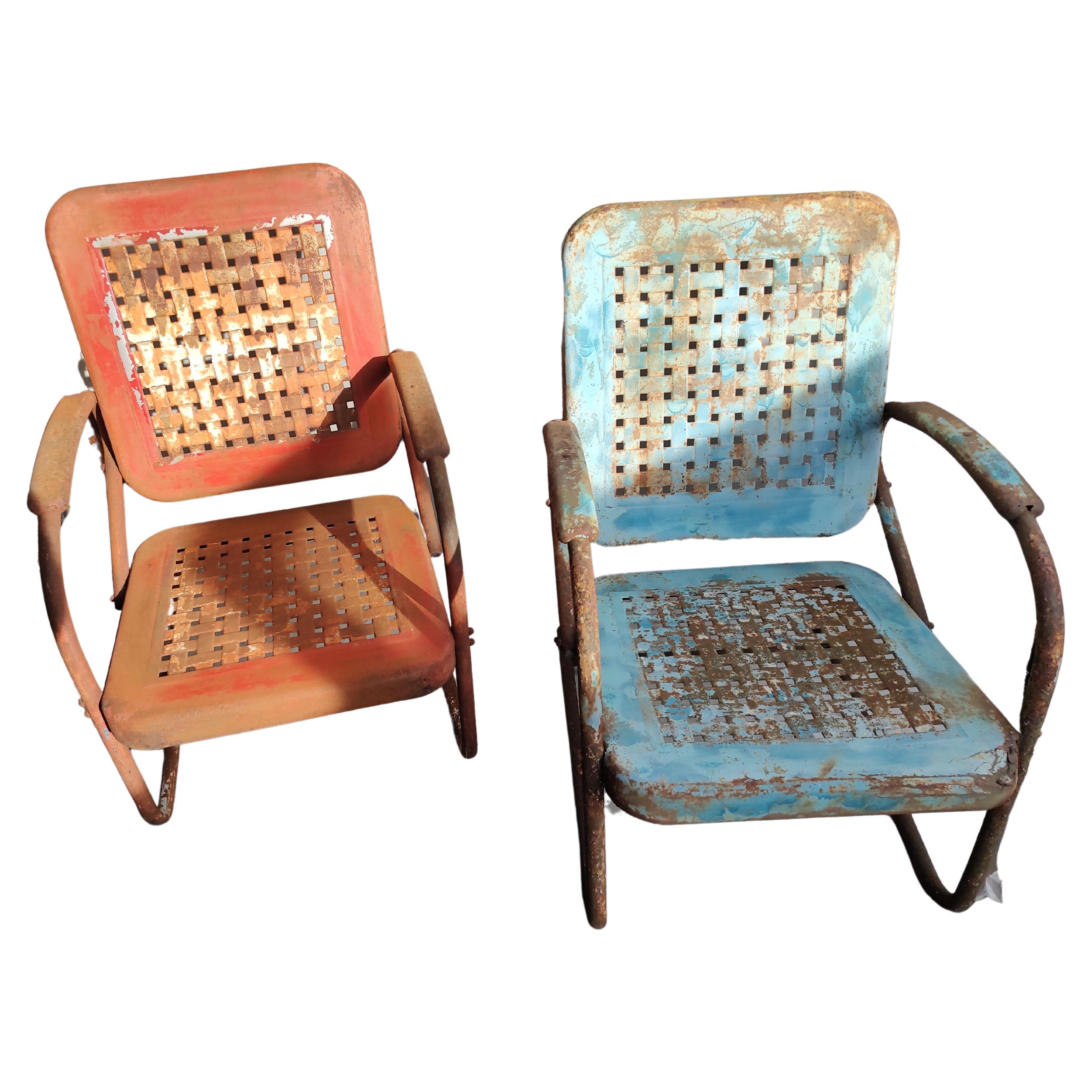 Pair of C1940 Steel Basket Weave Porch Rocker & Bounce Chair