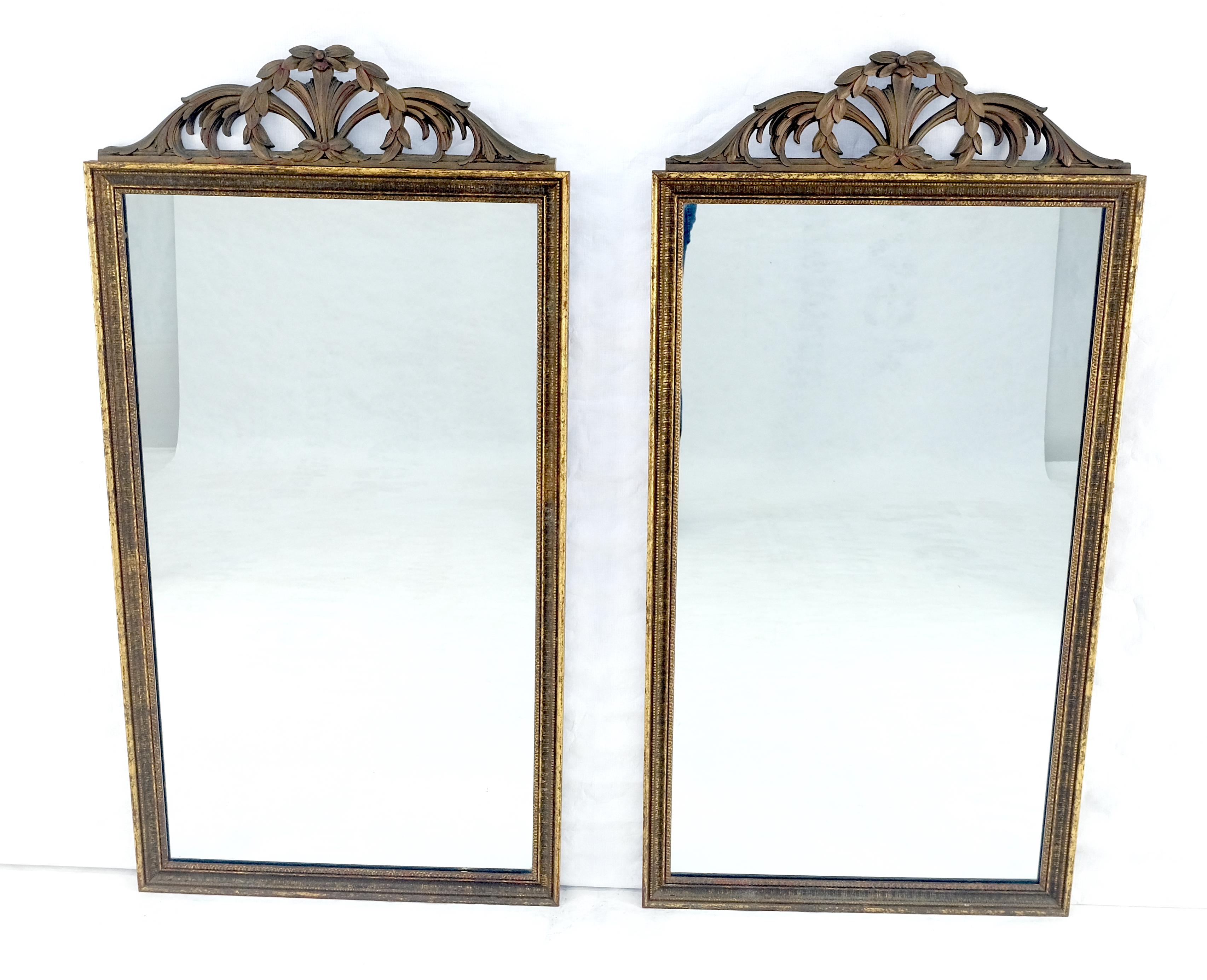 Gilt Pair of c1940s 23x44 Rectangle Mirrors With French Baroque Bay Leaf Decorations For Sale