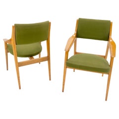 Pair of c1950s Blond Birch Scandinavian Swedish Arm Chairs Green Upholstery