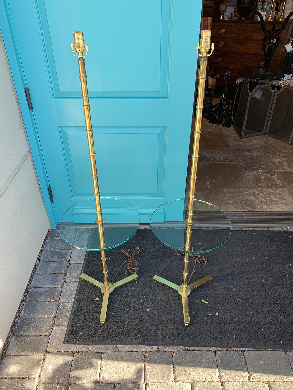 Pair of Brass Faux Bamboo and Glass Table Floor Lamps, circa 1970s In Good Condition In Atlanta, GA