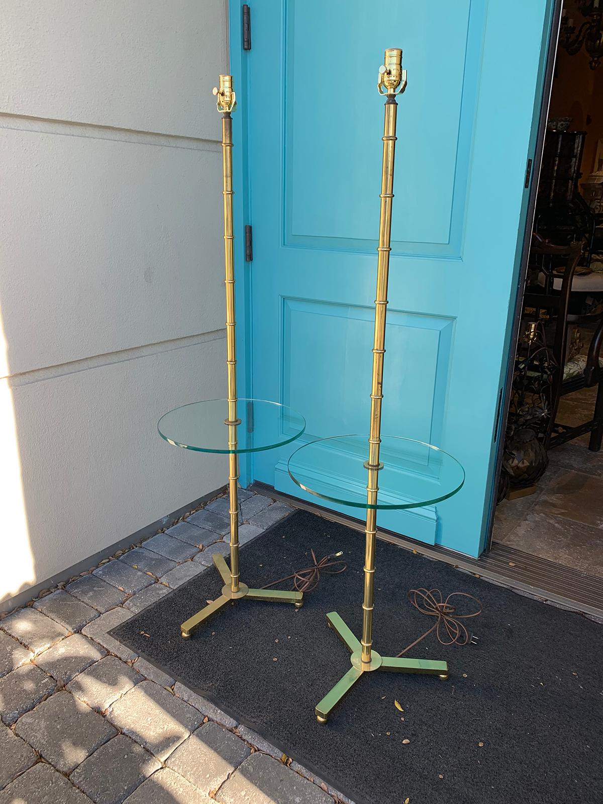 Late 20th Century Pair of Brass Faux Bamboo and Glass Table Floor Lamps, circa 1970s