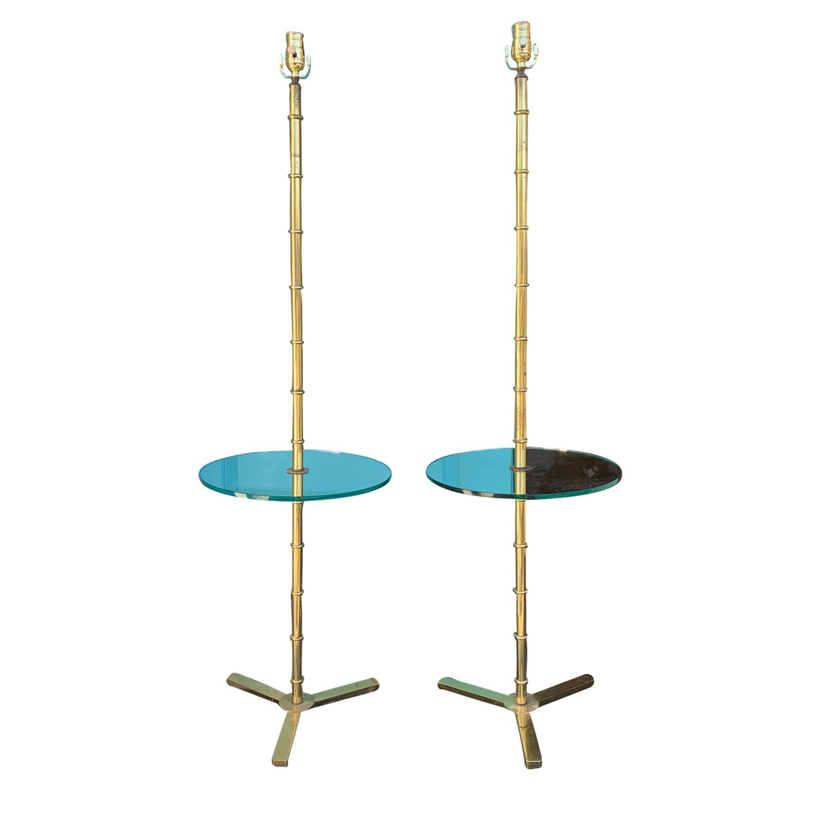 Pair of Brass Faux Bamboo and Glass Table Floor Lamps, circa 1970s