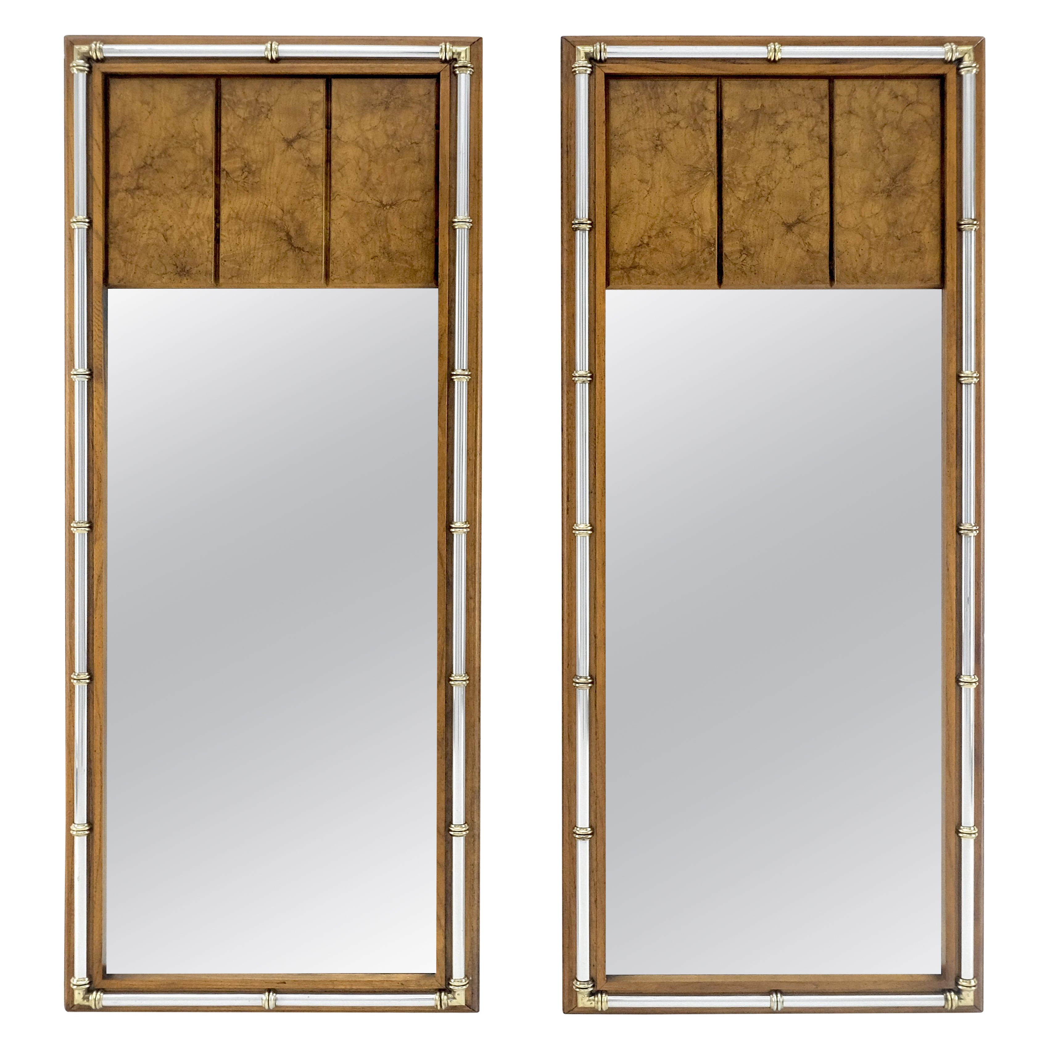 Pair of c1970s Mid Century Faux Bamboo Crome 
Burl Rectangle Wall Mirrors MINT