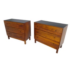 Pair of c1970s Solid Walnut Black Mica Top 3 Drawers Bachelor Chest Dresser MINT