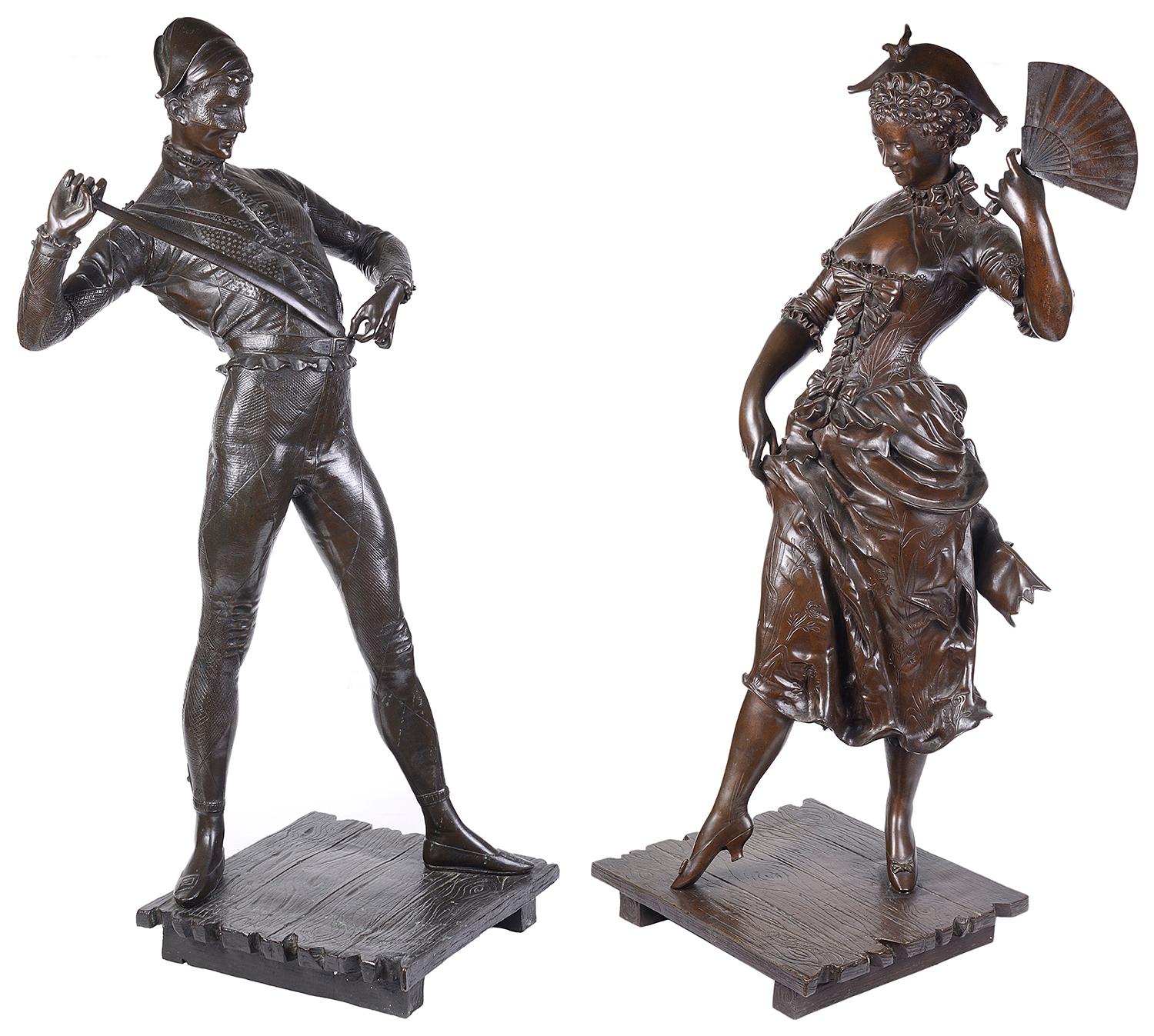 Pair of 19th Century Bronze Harlequin and Columbine Statues by P. Dubois