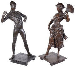 Paire de statues d'Arlequin et de Colombine en bronze du 19ème siècle par P. Dubois