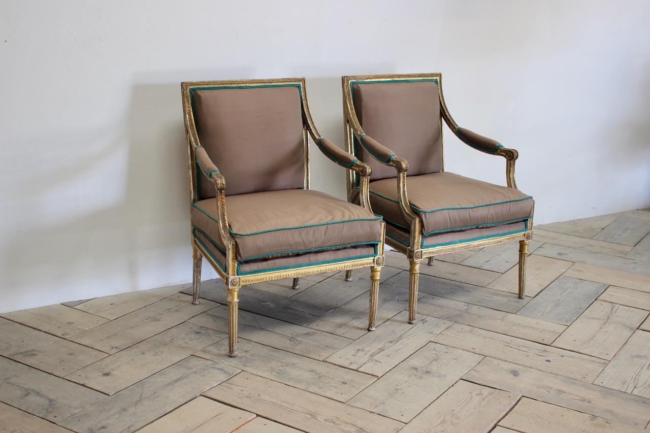 Pair of 19th Century Country House Fauteuils Reupholstered in Silk 6