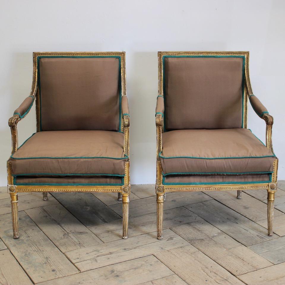 Pair of 19th Century Country House Fauteuils Reupholstered in Silk 7